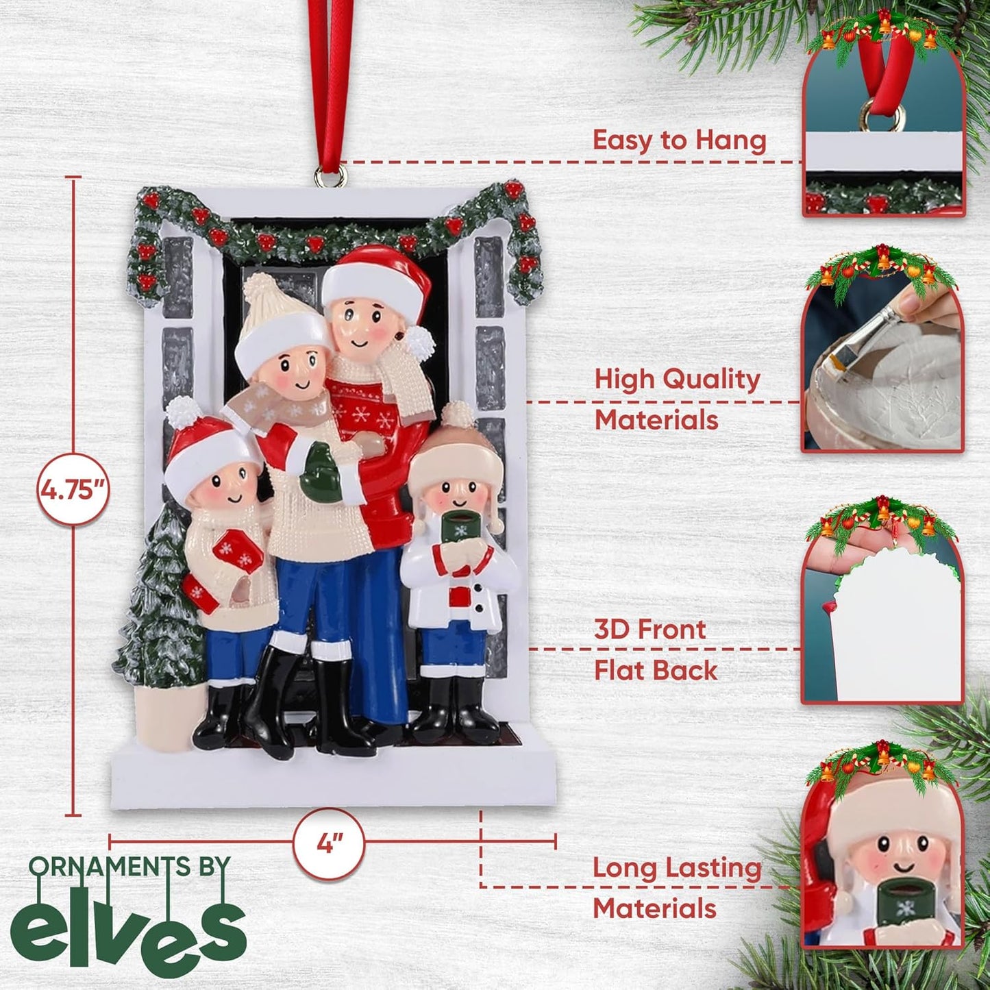 Personalized Family Christmas Ornaments 2025 | Custom Name & Year | 4 Person Cozy Winter Scene with Mom, Dad, 2 Kids by Tree | Customized Unique Ornament Keepsake Gifts to Personalize Xmas Decoration