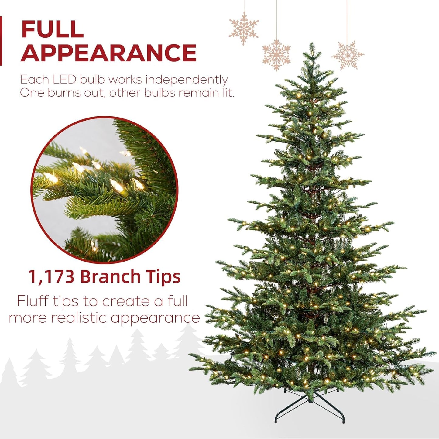 Hykolity 7.5 ft Prelit Christmas Tree, Artificial Christmas Tree with 450 Warm White LED Lights, 1173 PE&PVC Branch Tips, Metal Stand and Hinged Branches