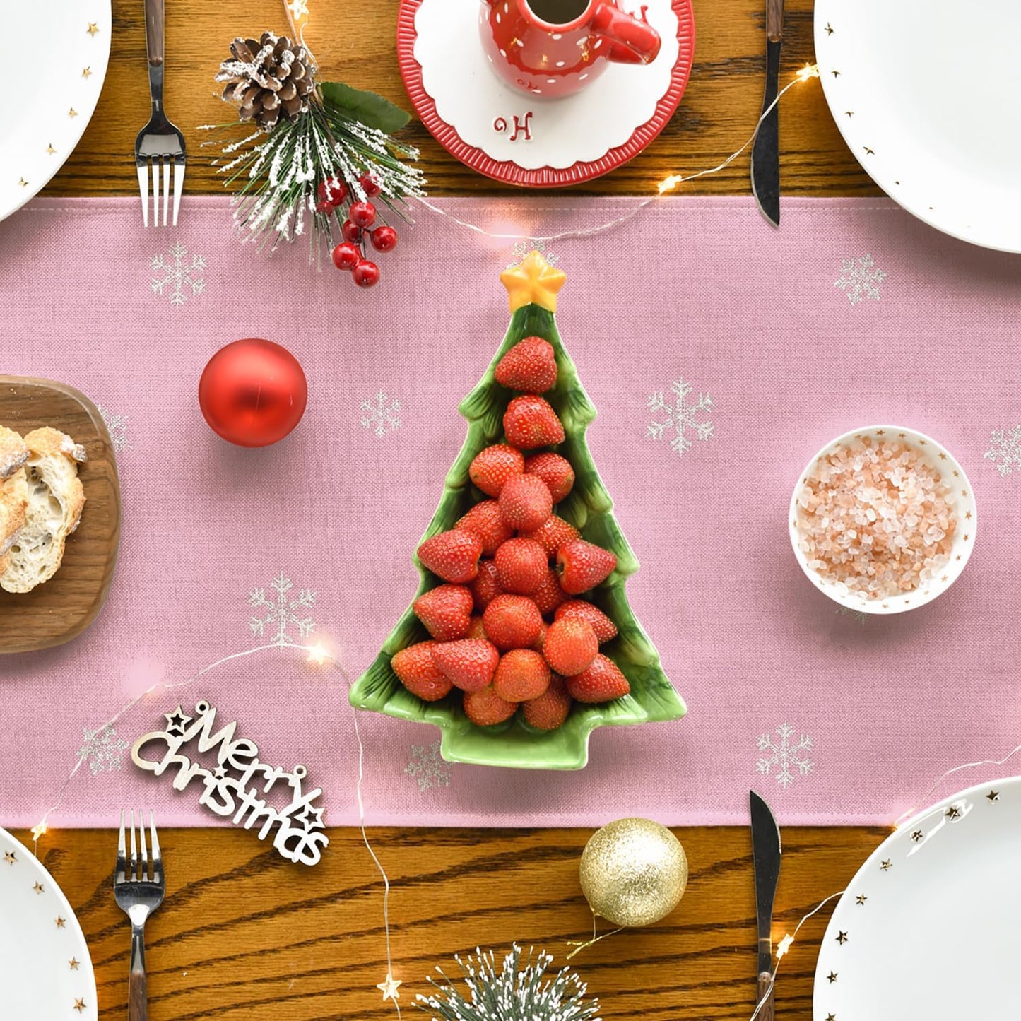 Artoid Mode Xmas Trees Snowflakes Pink Merry Christmas Table Runner, Winter Seasonal Kitchen Dining Table Decoration for Home Party Decor 13x60 Inch