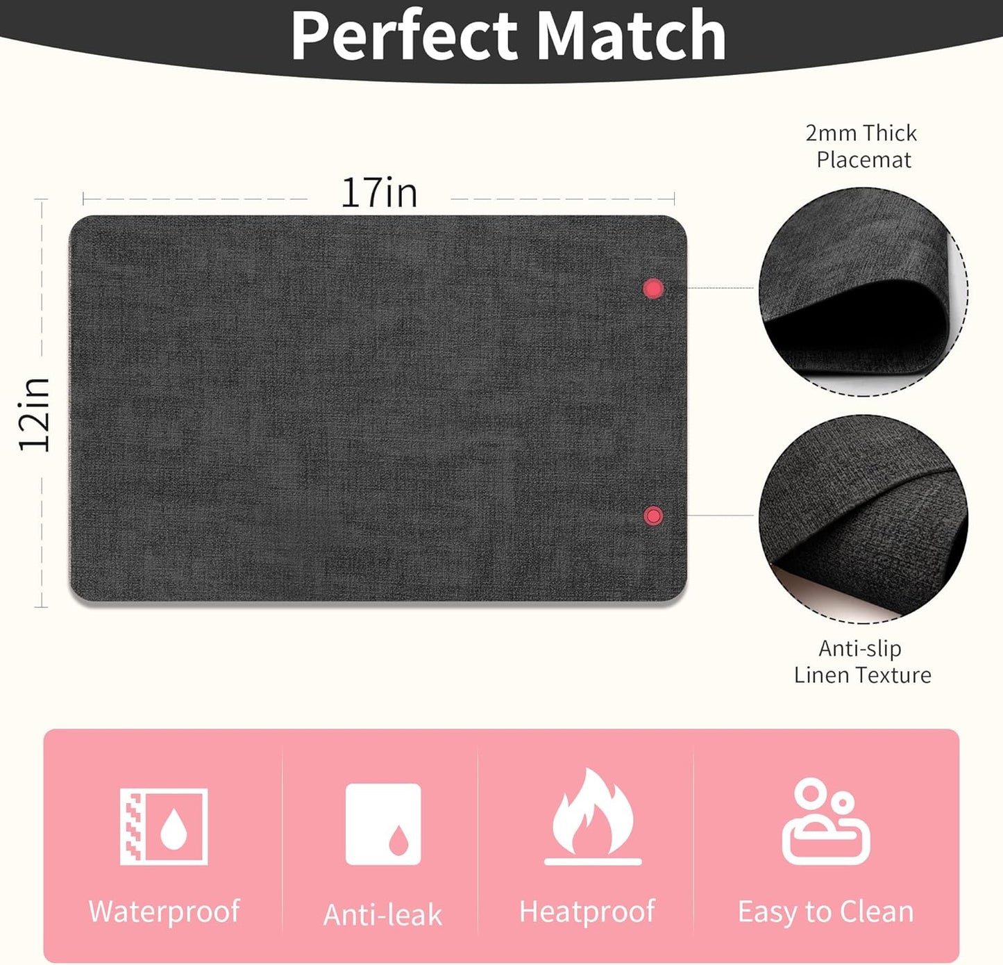 Maxpearl Faux Leather Placemats Set of 4, Waterproof - Wipe Clean - Heat Resistant - Anti Slip Dining Table Place Mats, Suitable for Indoor & Outdoor Use, 17’’×12’’, Black