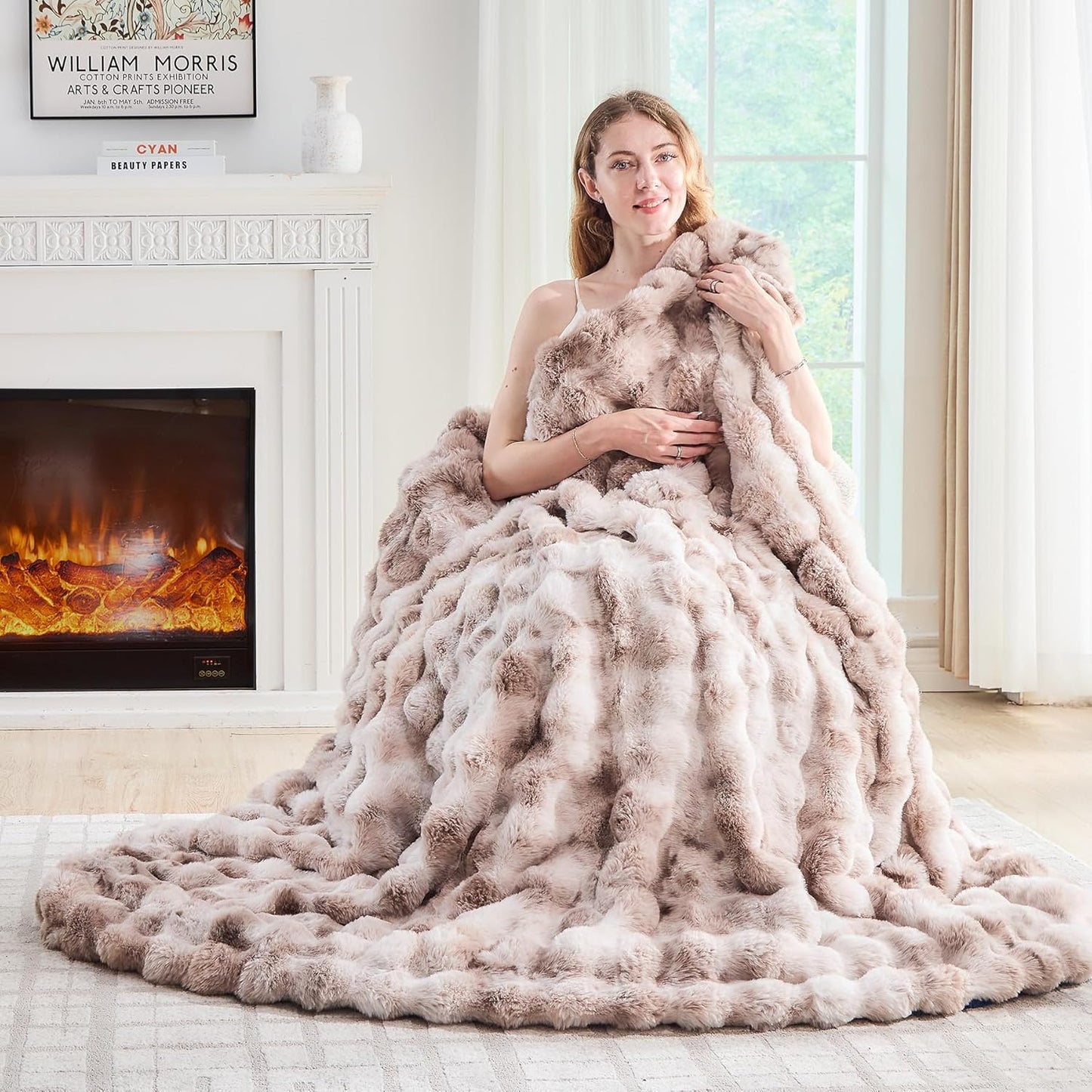 Lotus Karen Faux Fur Throw Blanket Tie-Dye Beige - Big Bubble Rabbit Fluff Blanket for Couch, Small Fluffy Fuzzy Cozy Blankets,Thick Furry Plush Shaggy Blankets,50x60 Inches
