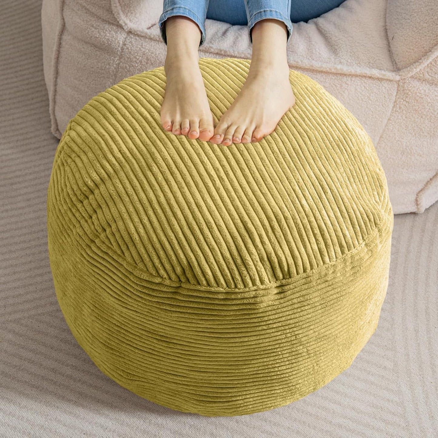 HIGOGOGO Round Stuffed Pouf Ottoman, Corduroy Poufs with Foam Chunk Filling, Furry and Fluffy Pouf Foot Stool Storage Ottoman, 20 X 15 Floor Poufs Foot Rest for Living Room, Green