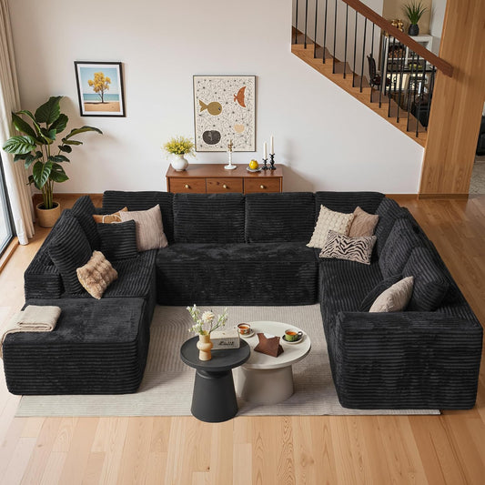 Cloud Sectional Couches for Living Room,U Shaped Modular Sofas No Assembly,135x100 Inches Plush Corduroy Oversized Floor Couch Set with Deep Seat Chaise,Black