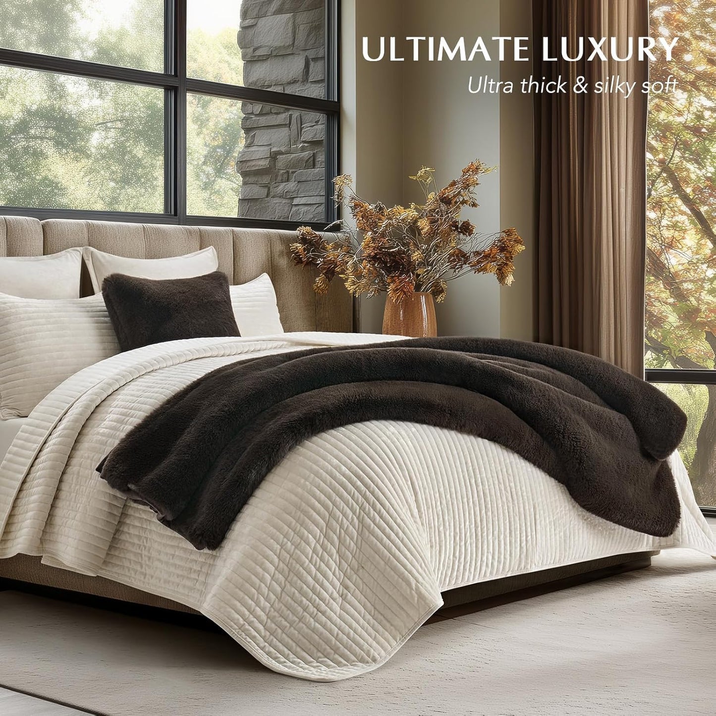 Luxury Soft Faux Chinchilla Fur Throw Blanket for Couch, Warm Thick Heavy Winter Throw Blanket 1220GSM for Bed, Fluffy Cozy Mink Blanket with Reversible Velvet, Espresso Mink, 60"x80"