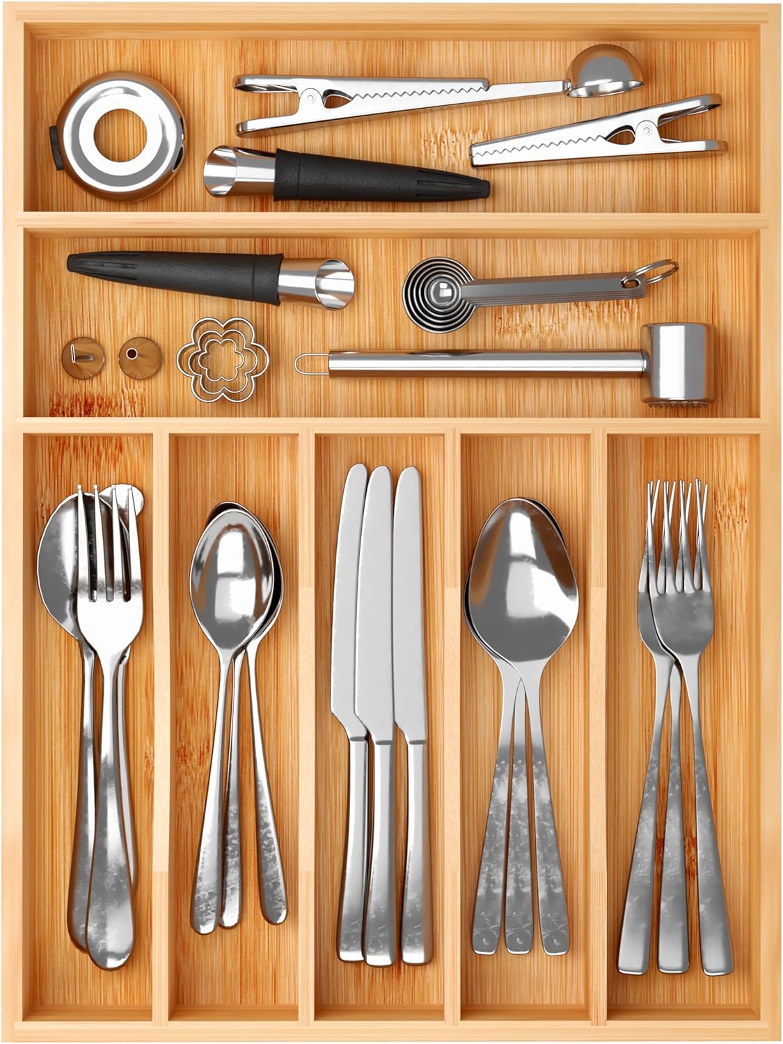 BAMEOS Bamboo Silverware Drawer Organizers, 11.9 inch Utensil Drawer Organizer for Kitchen Drawers, 7 Slots Total Large Flatware Organizer for Knives Cutlery Spoons Forks (Natural)