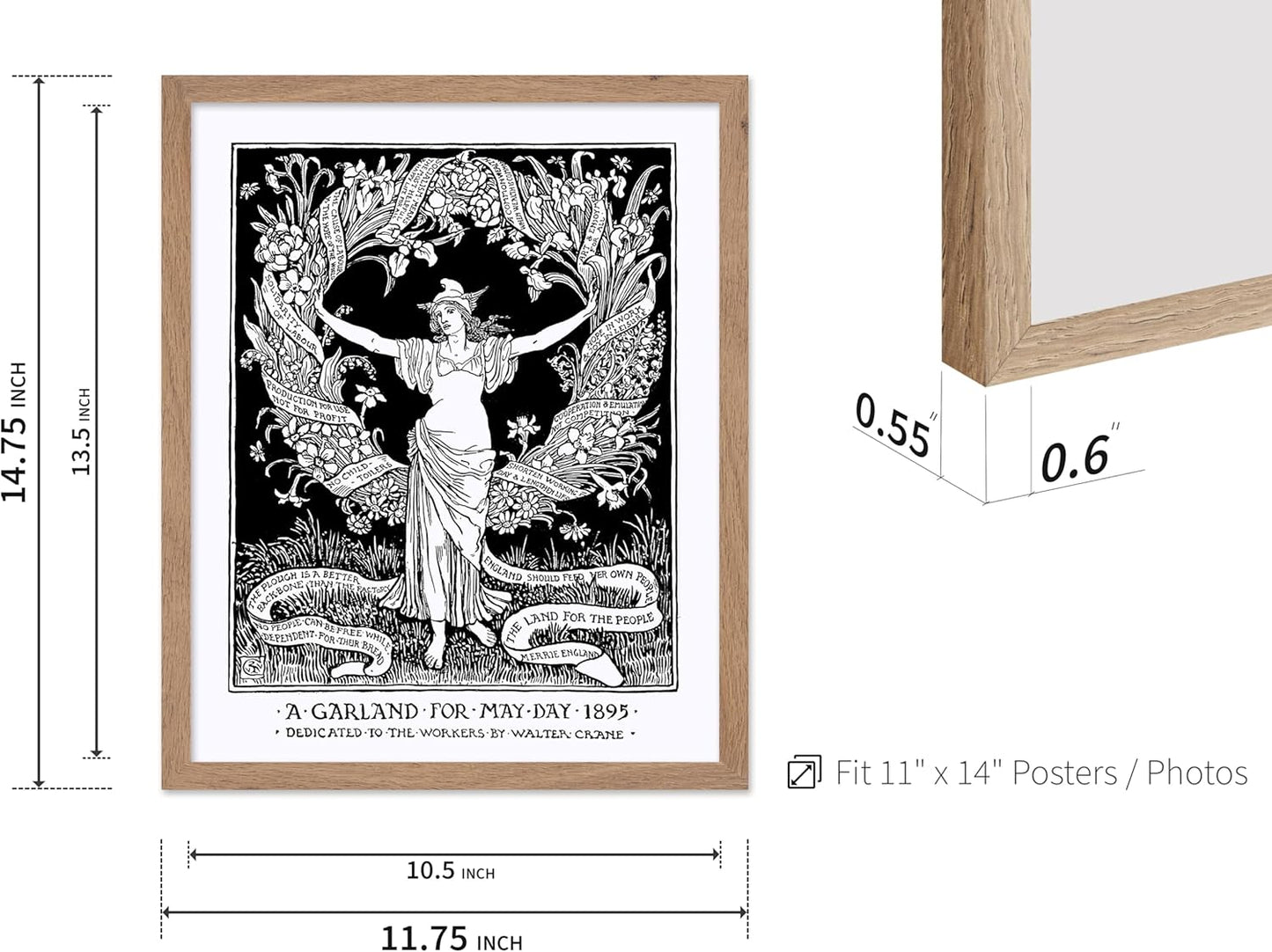 Poster Master Vintage Walter Crane Poster - Retro A Garland for May Day Print - Socialist Art - Gift for Him, Her, Men, Women - Wall Decor for Home, Office, Living Room, 11x14 Beige Framed