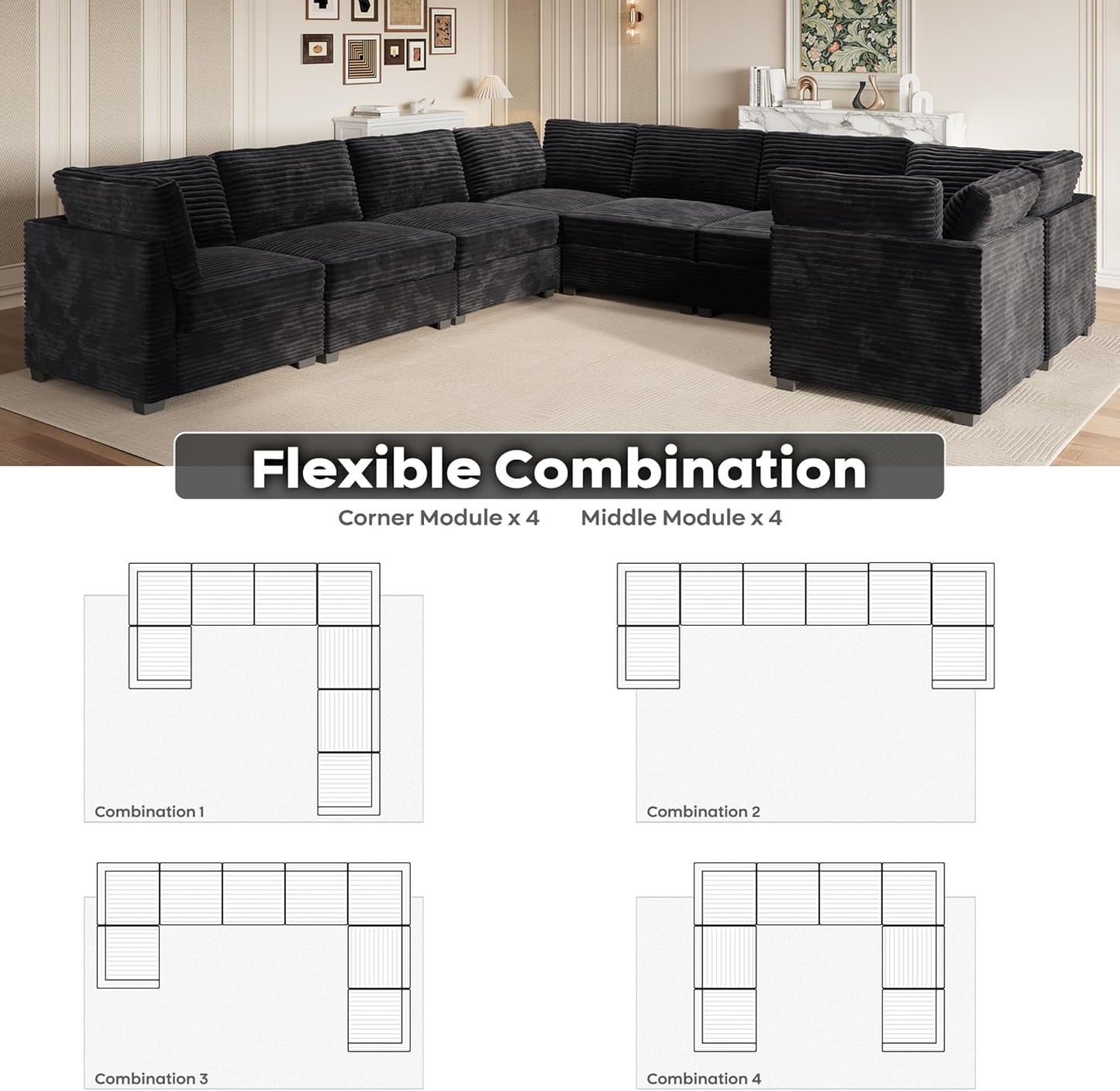 ovios Sectional Sofa Couch with U-Shape Chaise Oversized, Comfy Modular Cloud Couches with Deep Seat, Modern Upholstered Plush Corduroy Sofas Set for Living Room, 8-Seater, Black