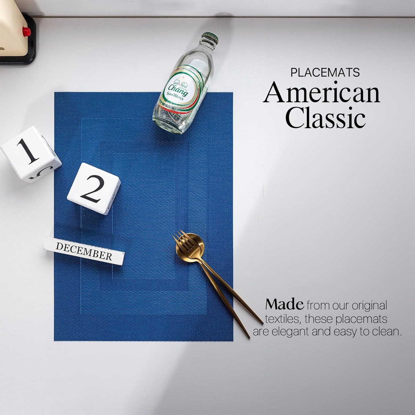 LEXMORE Placemats Set of 6 Vinyl/Plastic Woven Place Mats for Kitchen Table Indoor/Outdoor Washable Placemat Wipeable Dining Table Mats(G-Navy Cube)