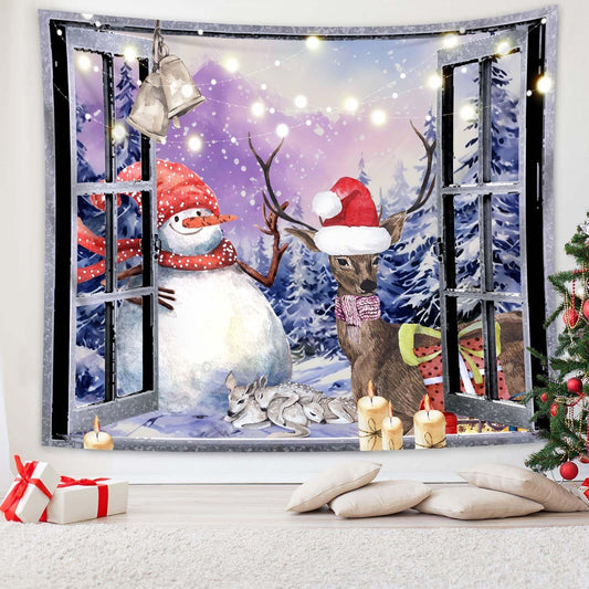 QGHOT Christmas Window Tapestry Wall Hanging Christmas Backdrop Winter Window Wall Decor Xmas Snowman Deer Tapestries for Bedroom Living Room Dorm Holiday Party Decoration, Extra Large