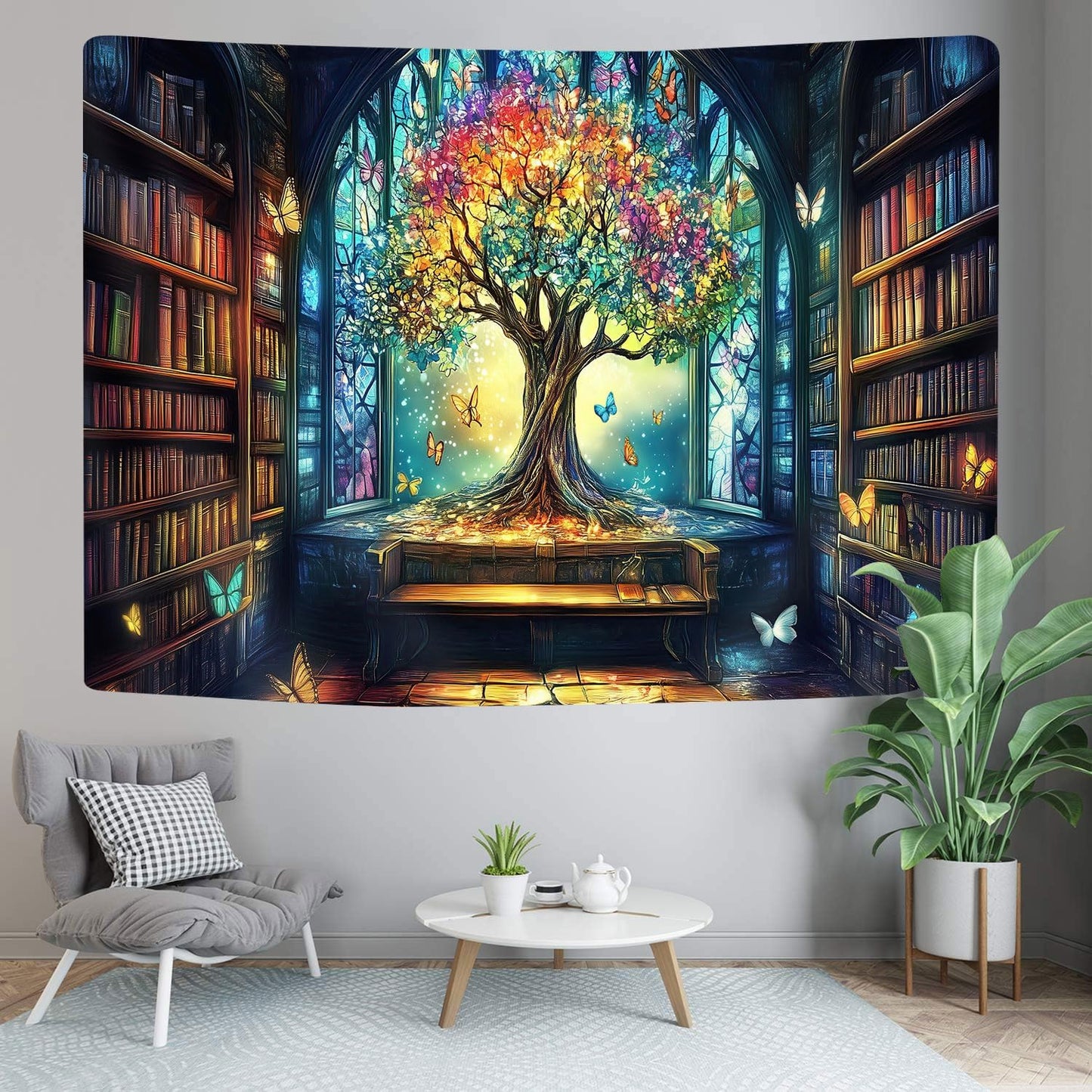 Mysterious Library Tapestry, Fantasy Enchanted Tree Magic Bookshelf Aesthetic Tapestries for Classroom, Witchy Fairy Tree Vintage Bookshelf Book Art Tapestry Wall Hanging College Room Bedroom, 80X60