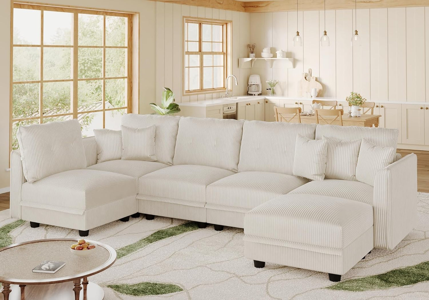 LLappuil Modular Sectional Sofa with Storage Seats, Corduroy U Shaped Convertible Couch for Living Room, 6 Seats Comfy Sofa with 5 Back Cushion 5 Throw Pillow, Beige
