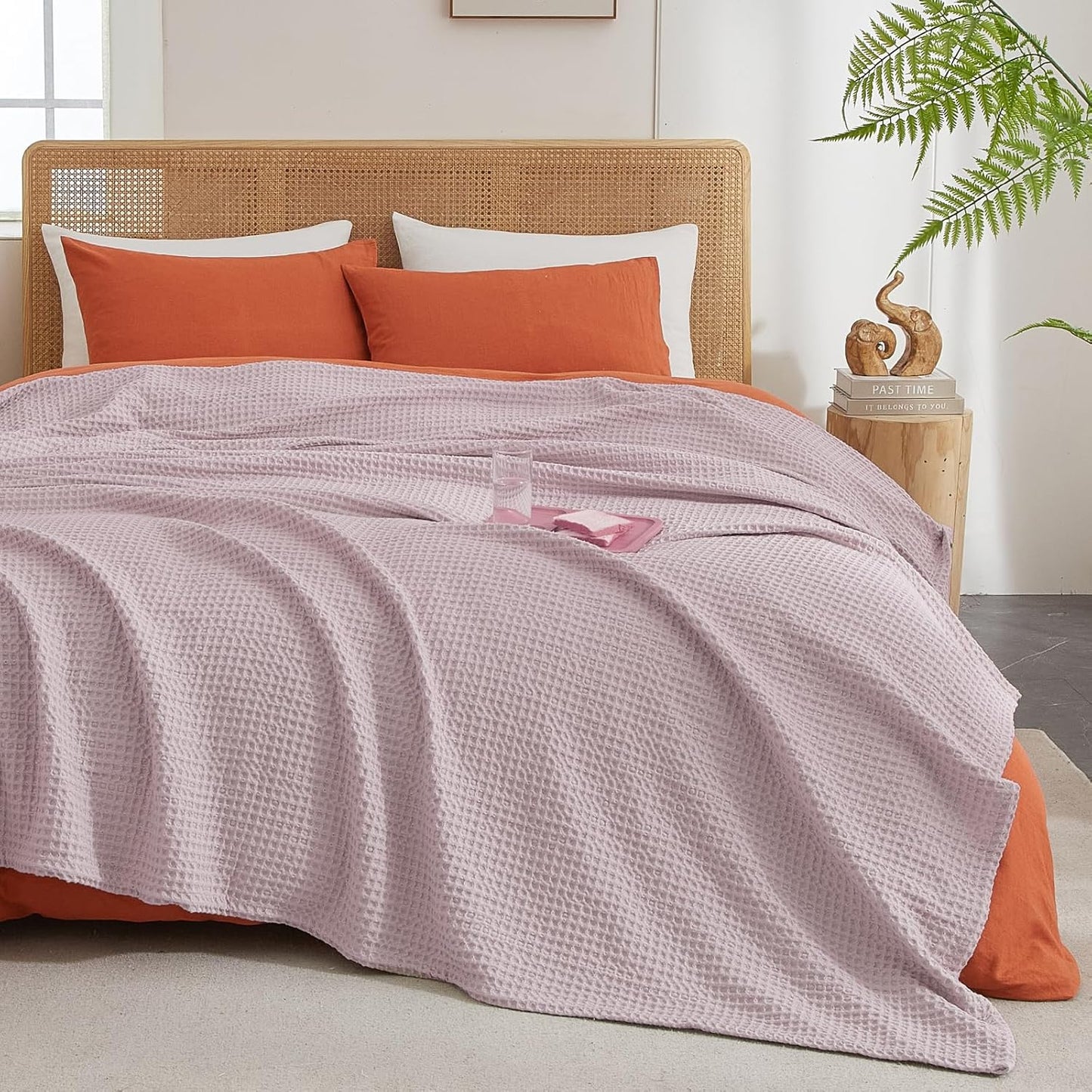 PHF Ultra Soft Waffle Weave Blanket Twin Size 66"x 90"- Washed Lightweight Breathable Cozy Woven Blanket for Bed - Aesthetic Decor for Couch Bedding Sofa Home Car - Dusty Rose