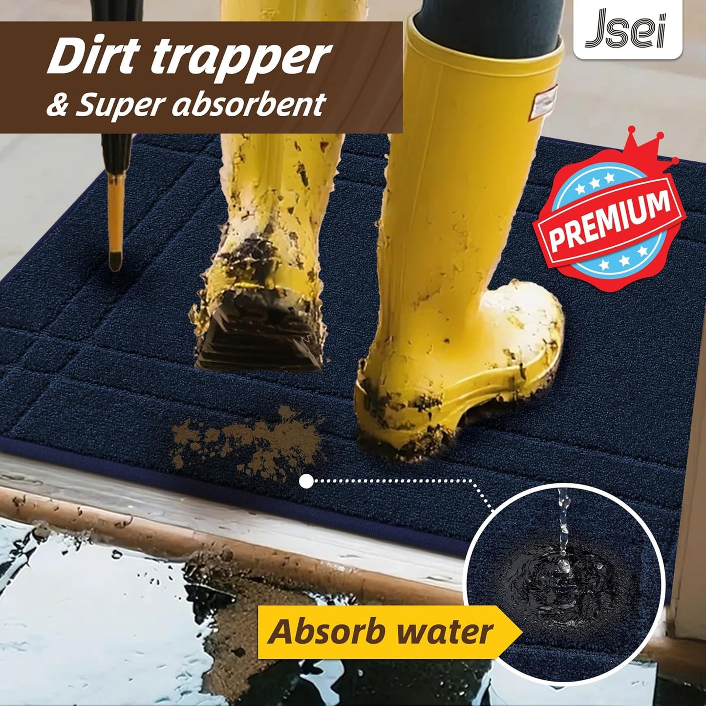 JSEI Entryway Rugs Doormat 20"x32", Non-Slip Dirt Trapper Door Mats Indoor, Washable Absorbent and Stain Resist Welcome Floor Mat for Front Door, Dog Door Mat, Muddy Wet Shoes & Paws, Navy Blue