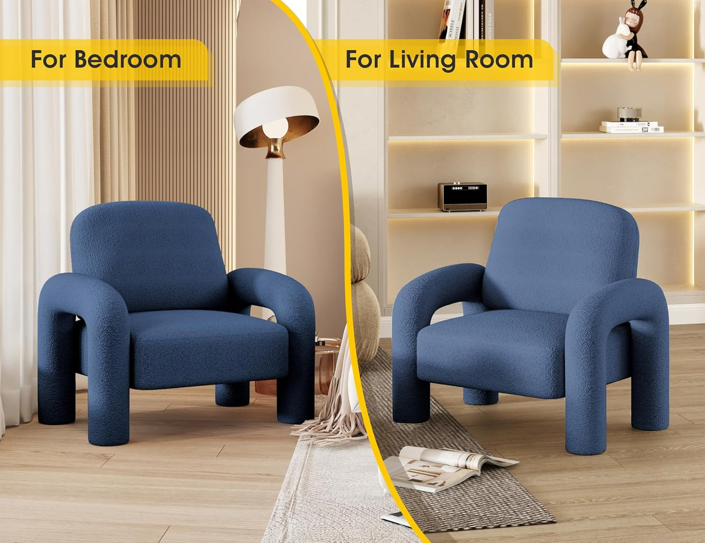 Modern Sherpa Accent Chair, Teddy Upholstered Arm Single Sofa, Cozy Fluffy Reading Chair for Living Room, Bedrooms, Corner (Navy Blue)