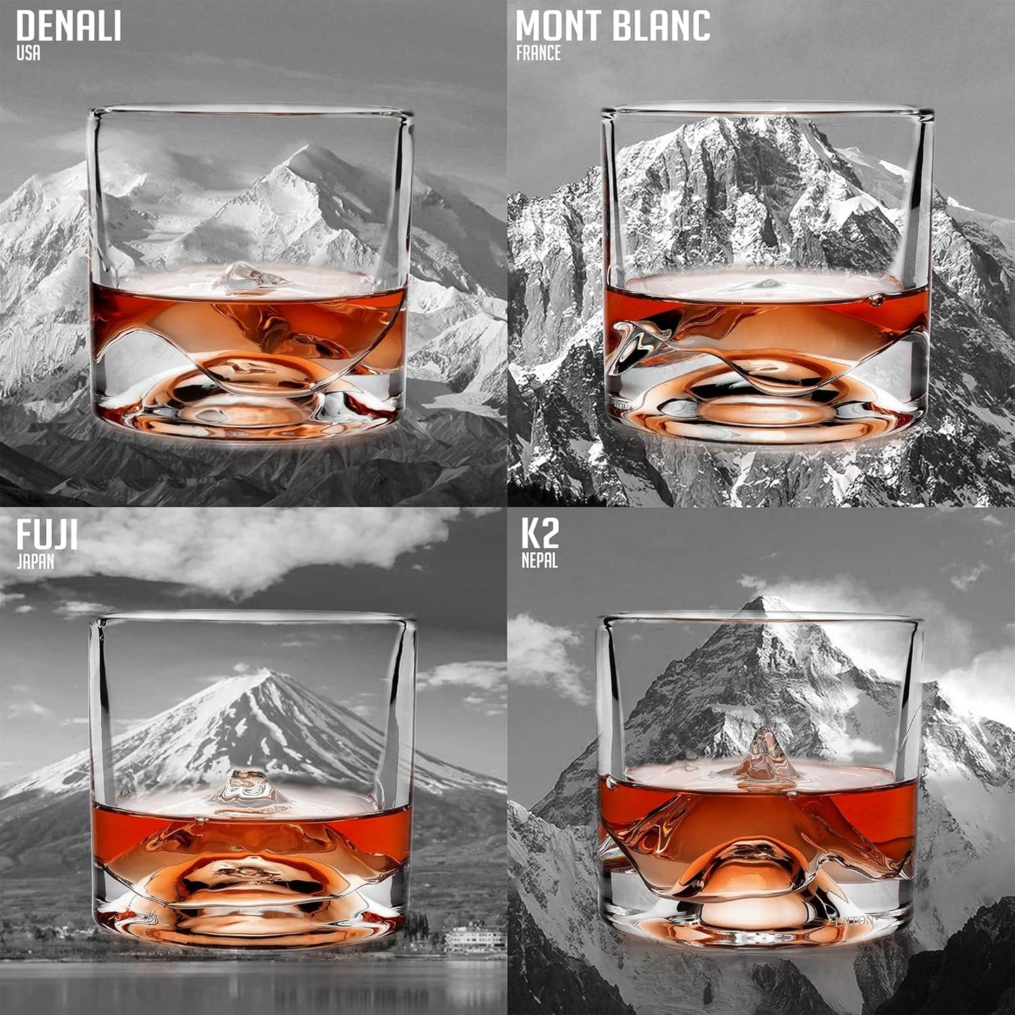 The Peaks Heavy Crystal Whiskey Glasses Gift Set of 4, Thick Freezable Bourbon Glass 1lb Each, Premium Whiskey Gifts for Men, Frozen Crystal Chills Cocktails, 10 oz