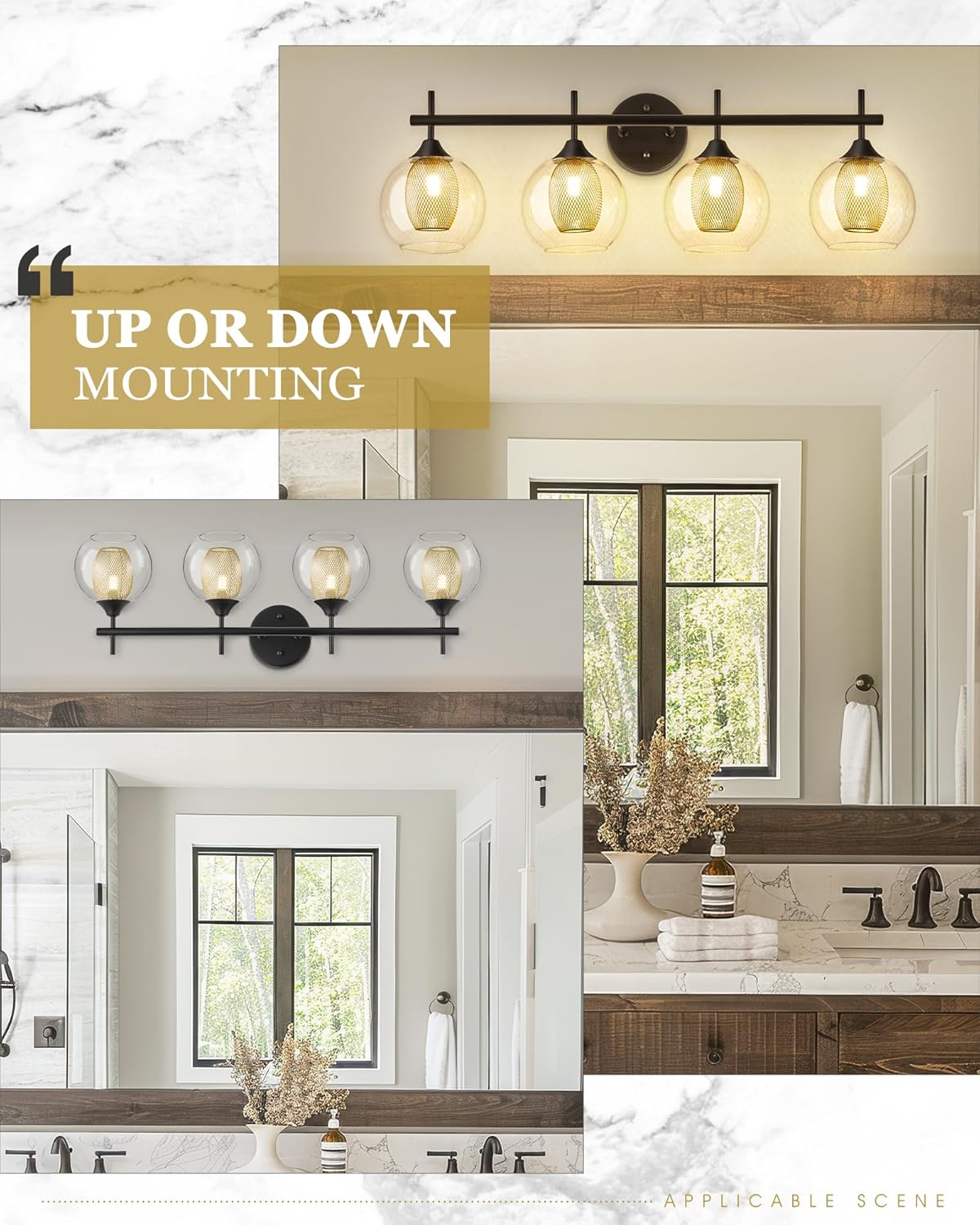 Bathroom Light Fixtures, 4-Light Black and Gold Vanity Lights Over Mirror, 30inch Farmhouse Wall Sconce Lighting with Clear Glass and Honeycomb Metal Shade, AD-22001-4W-BK