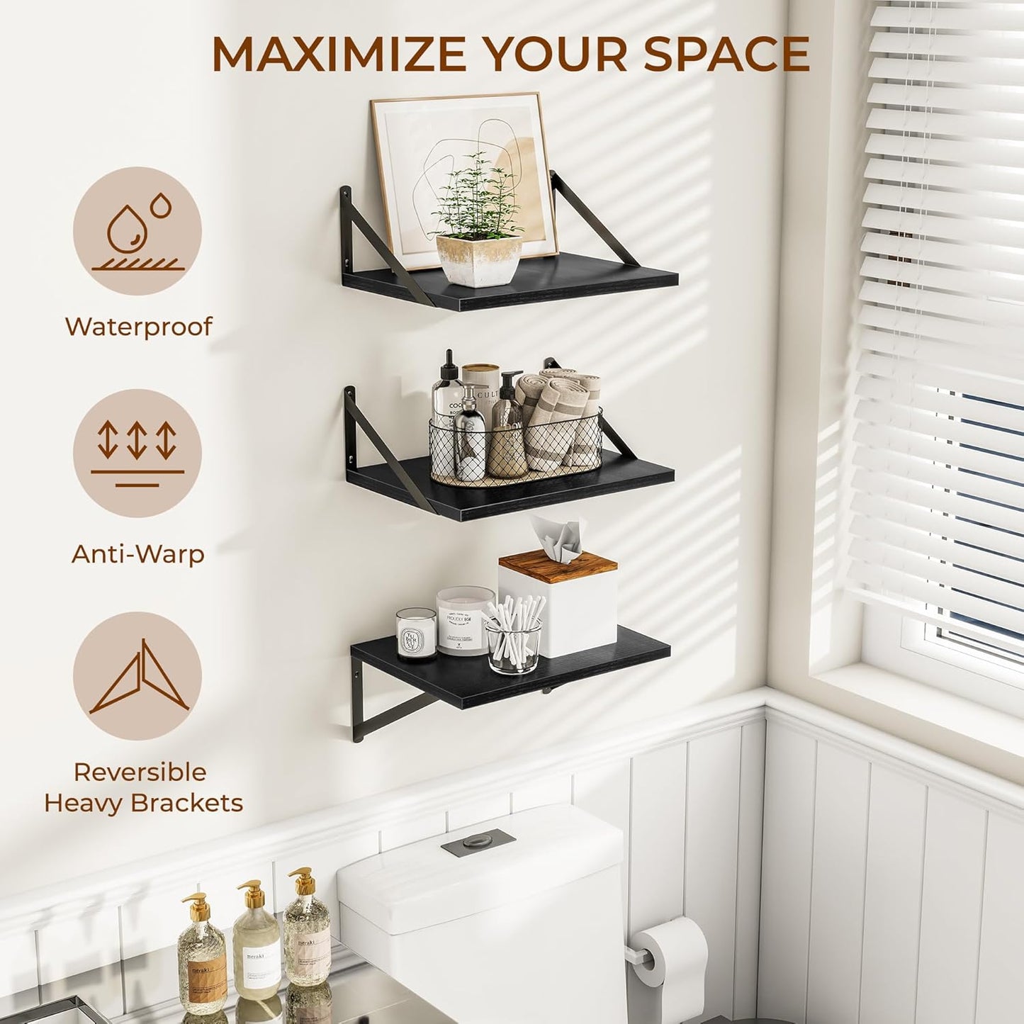 Heimlove Deep Floating Shelves for Wall, 12 Inch Deep Floating Shelves Set of 3, 16W x 12D Wood Wall Shelves, Wide Wood Shelves with Metal Bracket for Living Room, Kitchen, Office, Bedroom - Black