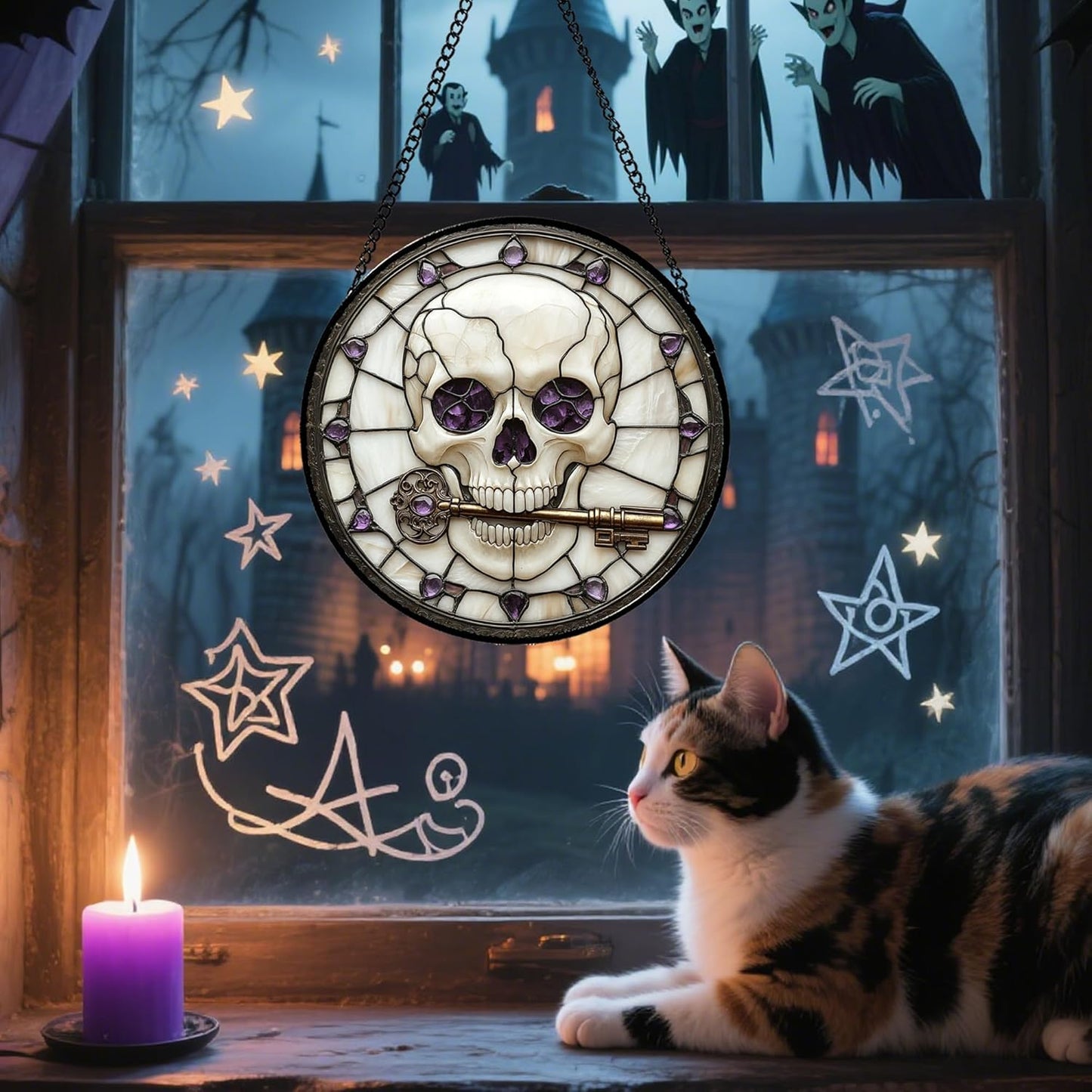 Stained Glass Window Hanging - Halloween Scary Skull Suncatcher for Doors Garden Home Spooky Purple Skeleton Key Sun Catchers Gothic Decor Horror Gifts for Women Men Friend Boy Girl 7.8 in