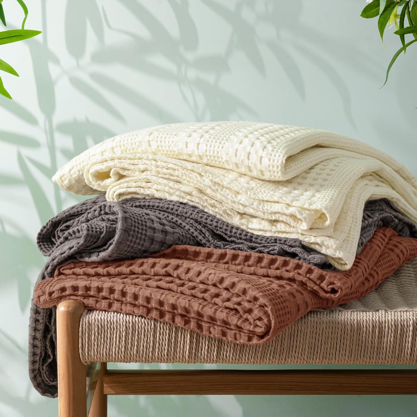 PHF Cooling Waffle Blanket Queen Size, Lightweight 60% Rayon Derived from Bamboo & 40% Cotton Breathable Blanket for Hot Sleepers, Soft and Luxury for Bed Couch and Sofa, 90"x90", Ivory