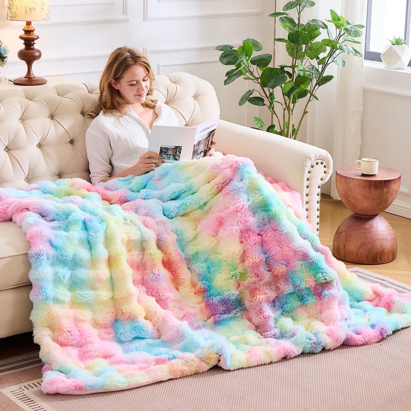 Lotus Karen Faux Fur Blanket Rainbow Twin Size - Big Bubble Rabbit Fluff Blanket for Couch, Small Fluffy Fuzzy Cozy Blanket, Thick Furry Plush Shaggy Blankets, 60x80 Inches