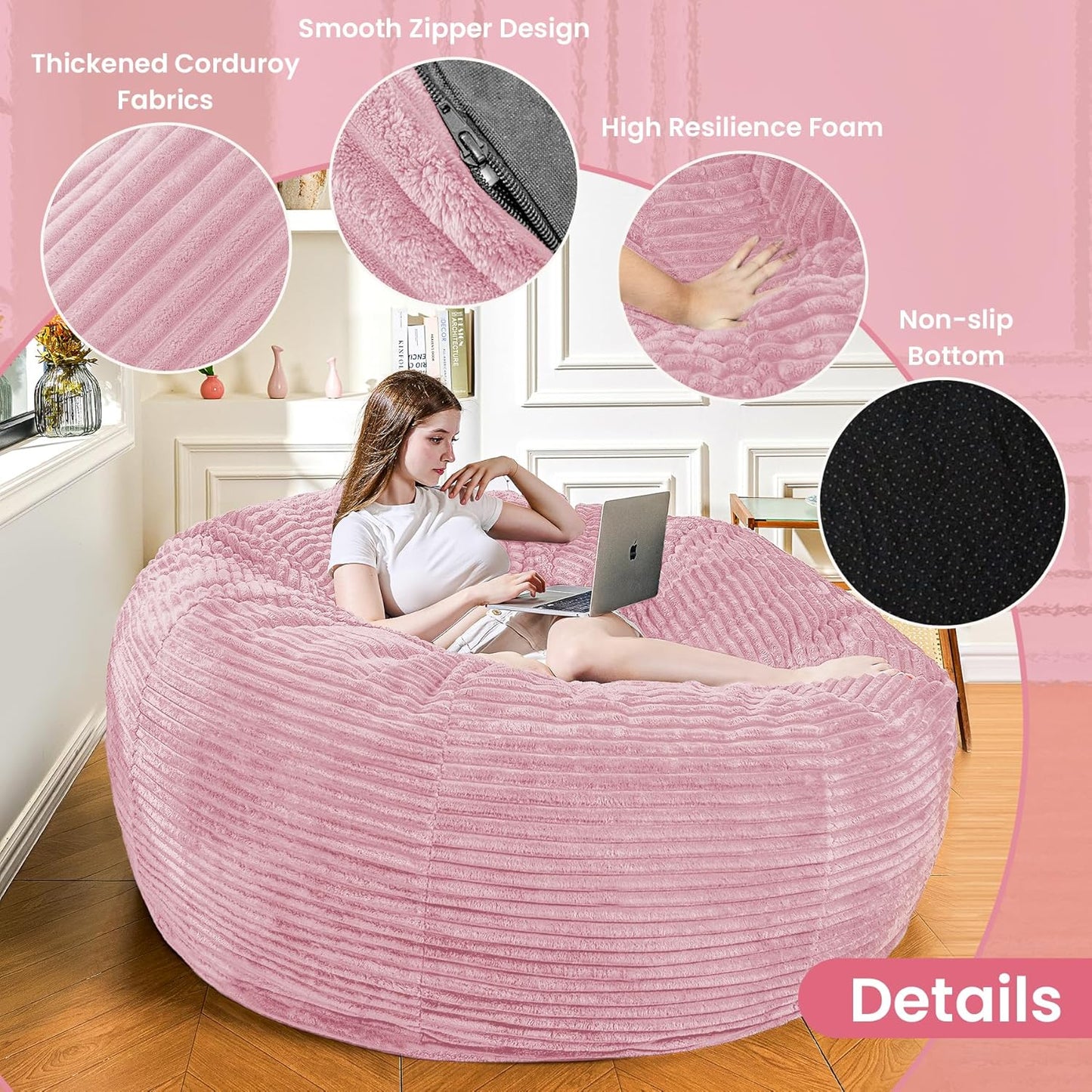Large Bean Bag Chair, 6FT Giant Beanbag Chairs with Memory Foam Filled, Bean Bag Chairs for Adults, Ultra Soft Lazy Sofa for Living Room Bedroom (Pink)