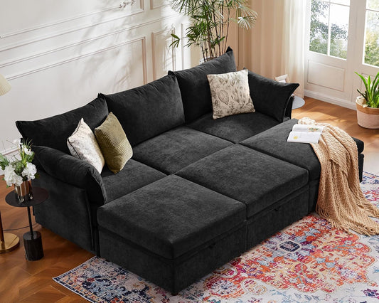102.6" Luxury Modular Sleeper Sofa Bed 6 Seat Reversible Sectional Couch Deep Seat with Storage Chaises Removable Cover for Living Room, Apartment - Chenille Black