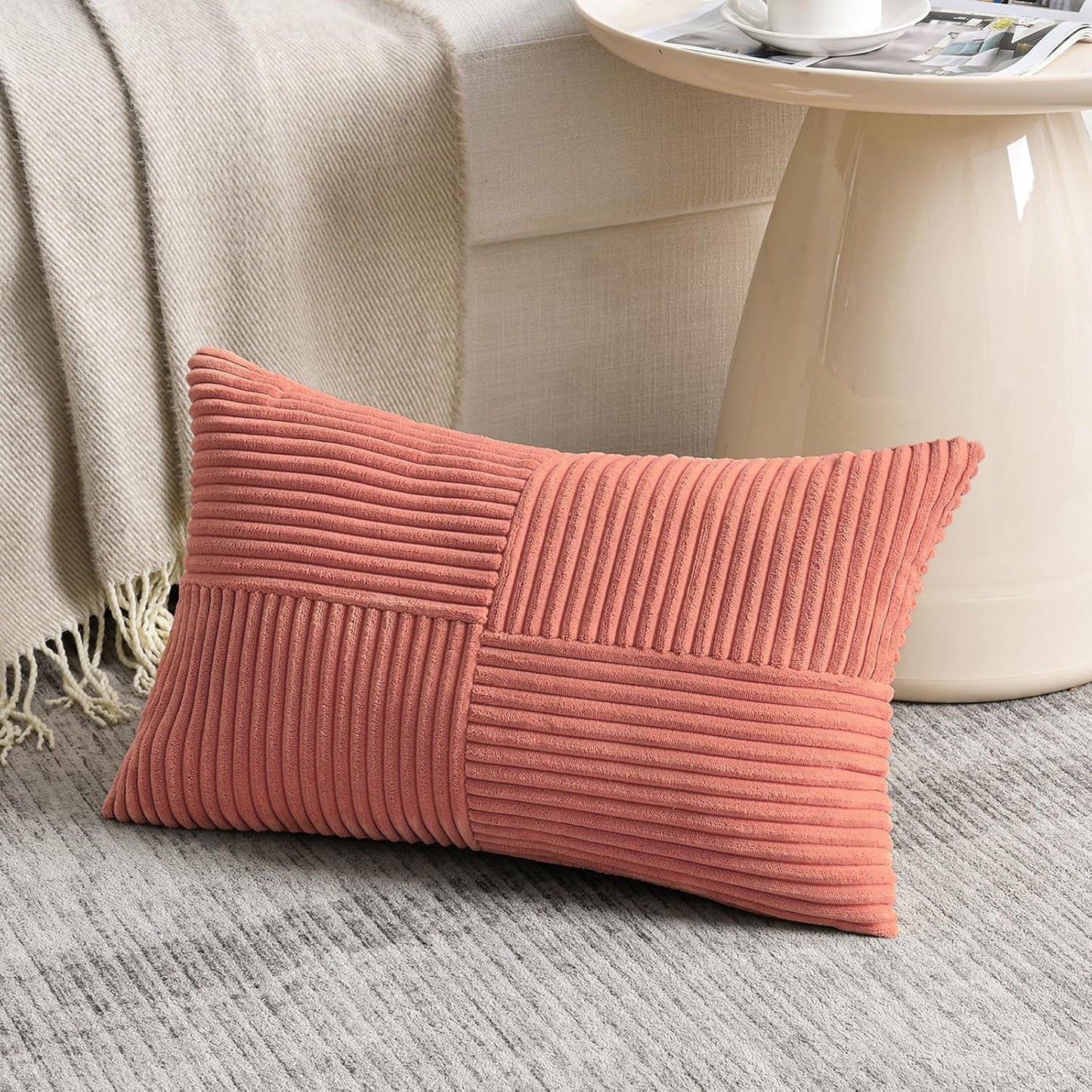 Fancy Homi 2 Packs Coral Long Lumbar Decorative Throw Pillow Covers 16x24 Inch for Couch Bed Sofa, Rustic Farmhouse Boho Home Decor, Soft Striped Corduroy Rectangle Accent Peach Cushion Case 40x60 cm