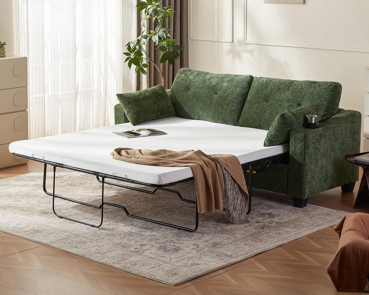 CHIC HOUSE Pull Out Sofa Bed, Full Size Sleeper Sofa, 2-in-1 Convertible Corduroy Couch with USB Charging, Memory Form Couch for Living Room, Apartment and Small Space (Green, Chenille - Queen Size)