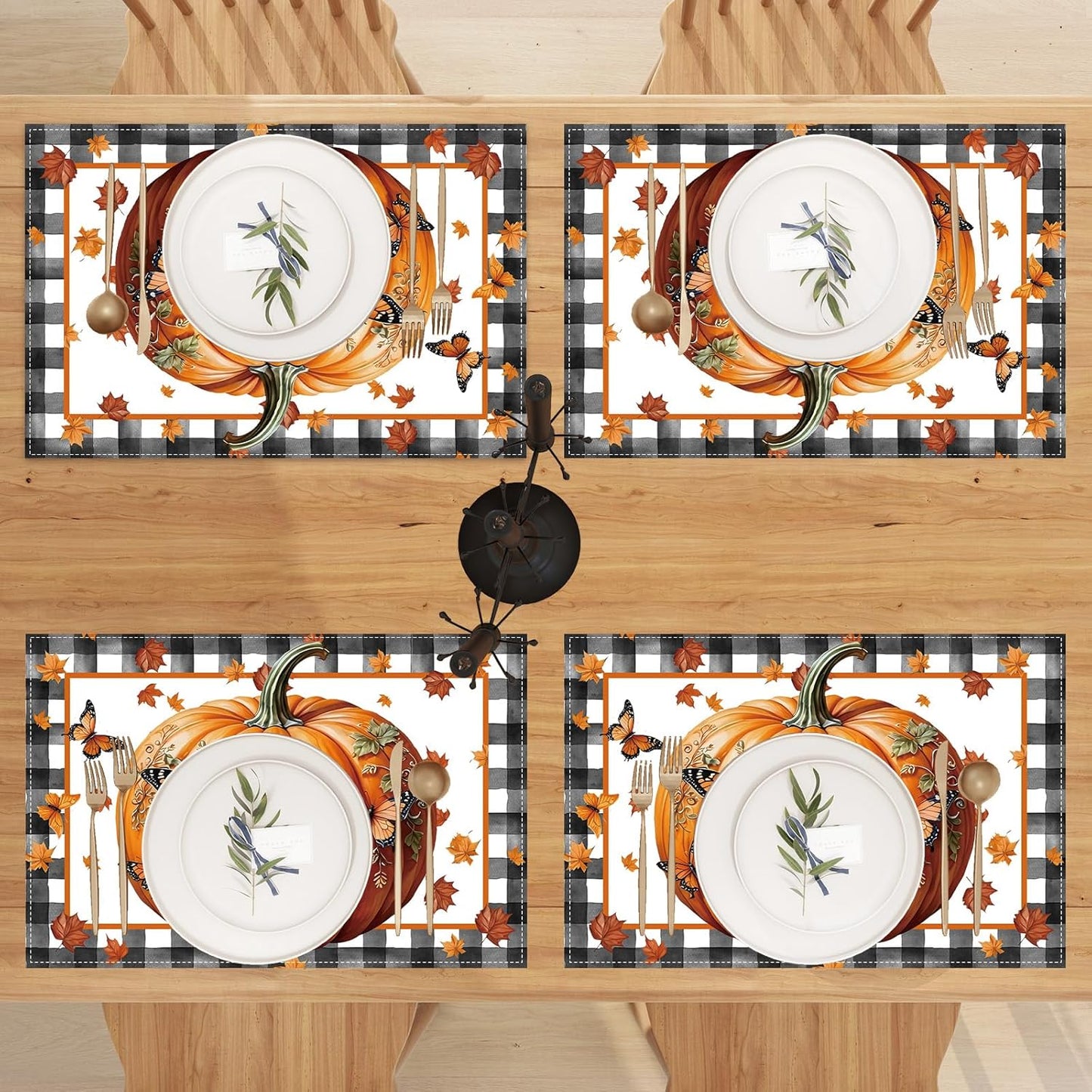 Linen Fall Placemats Set of 4 Fall Table Mats Farmhouse Pumpkin Butterfly Decor for Home Autumn Thanksgiving Home Kitchen Dining Room Table Decorations