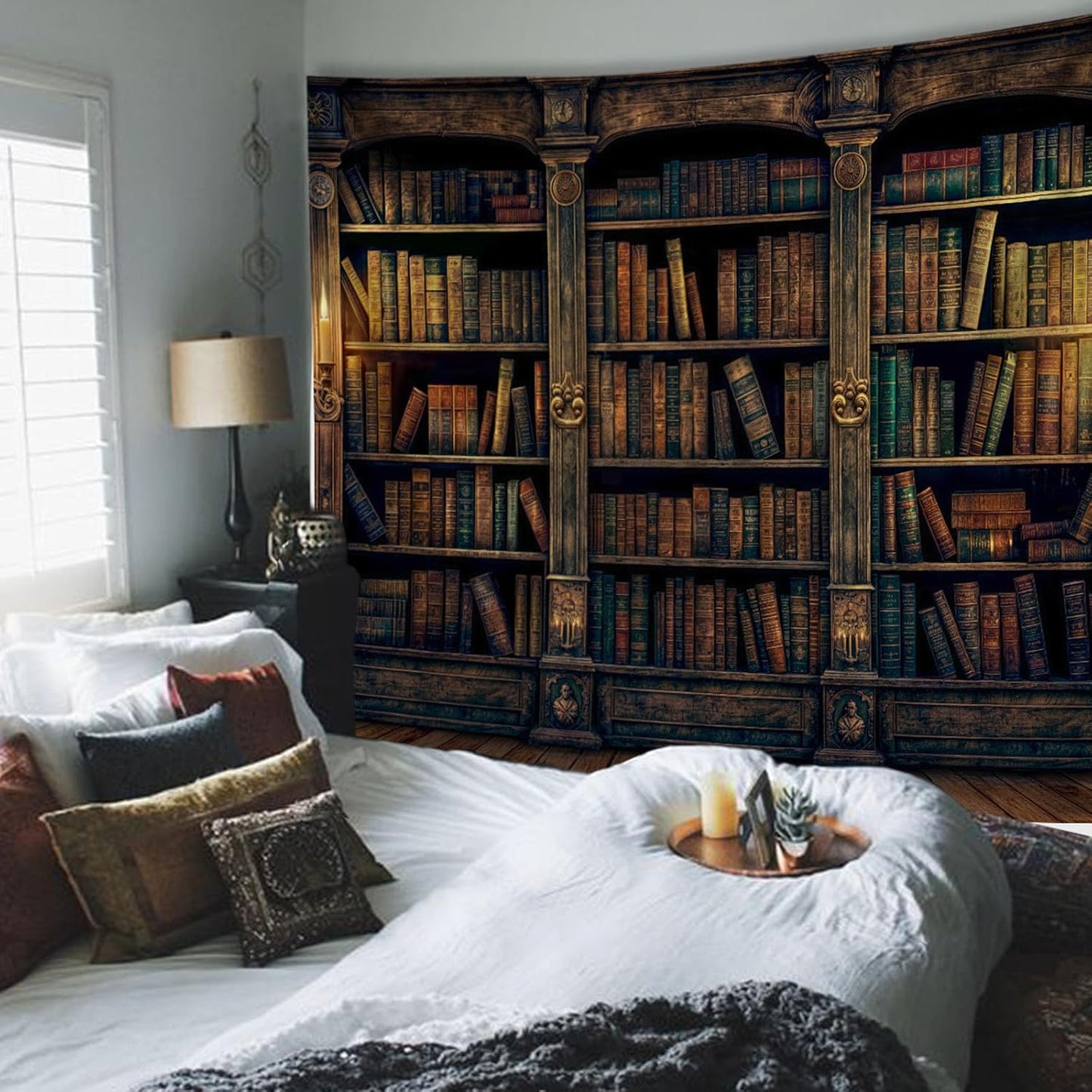 YEXIT Retro Bookshelf Wall Tapestry, Vintage Books Study Library Tapestries for College Dorm Bedroom Magic Caslte Backdrop 60×80 inch