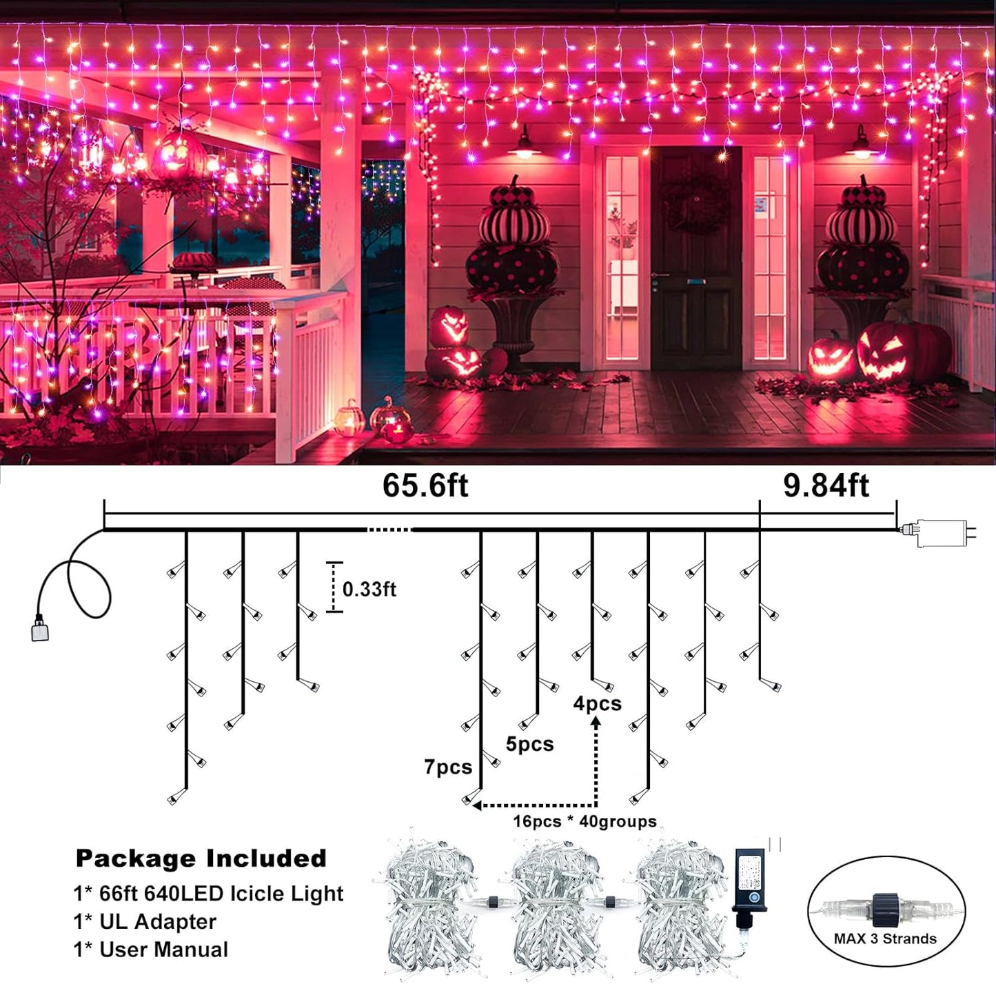 Halloween Icicle Lights, 66FT 640 LED Purple & Orange Icicle Lights for Outside with 8 Modes 120 Drops, Waterproof Plug in String Light for Indoor Outdoor House Yard Patio Party Holiday Decorations