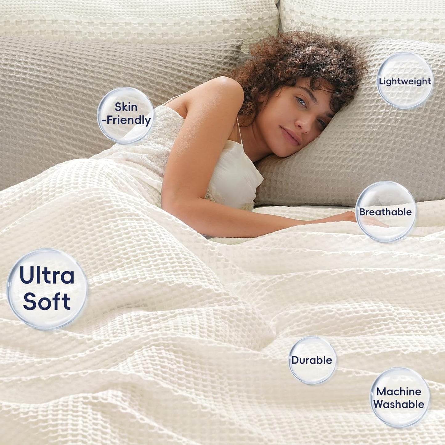 PHF Ultra Soft Waffle Weave Throw Blanket 50"x 60"- Washed Lightweight Breathable Cozy Woven Blanket for Bed - Aesthetic Decor for Couch Bedding Sofa Home Car - Coconut White