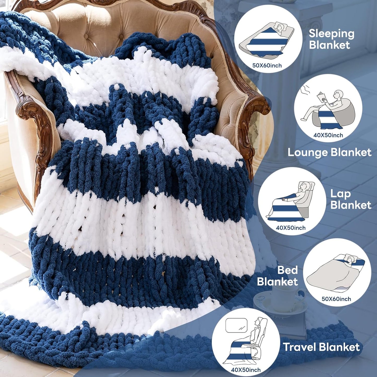 Chunky Knit Blanket - Luxury Soft Cozy 50 * 60 Throw Blanket,100% Woven Blanket Rope Knot Throw Blanket for Couch, Sofa, Home Decor, Gift - Machine Washable（White/Deep Blue）