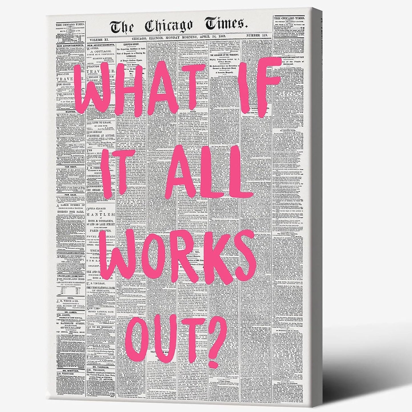 Liyark Retro Trendy Newspaper Canvas Wall Art What If All Works Out Poster Black And White Wall Art Positive Affirmation Quote Wall Art Pink Font Wall Decor Minimalist Home Decor 16x24in Framed