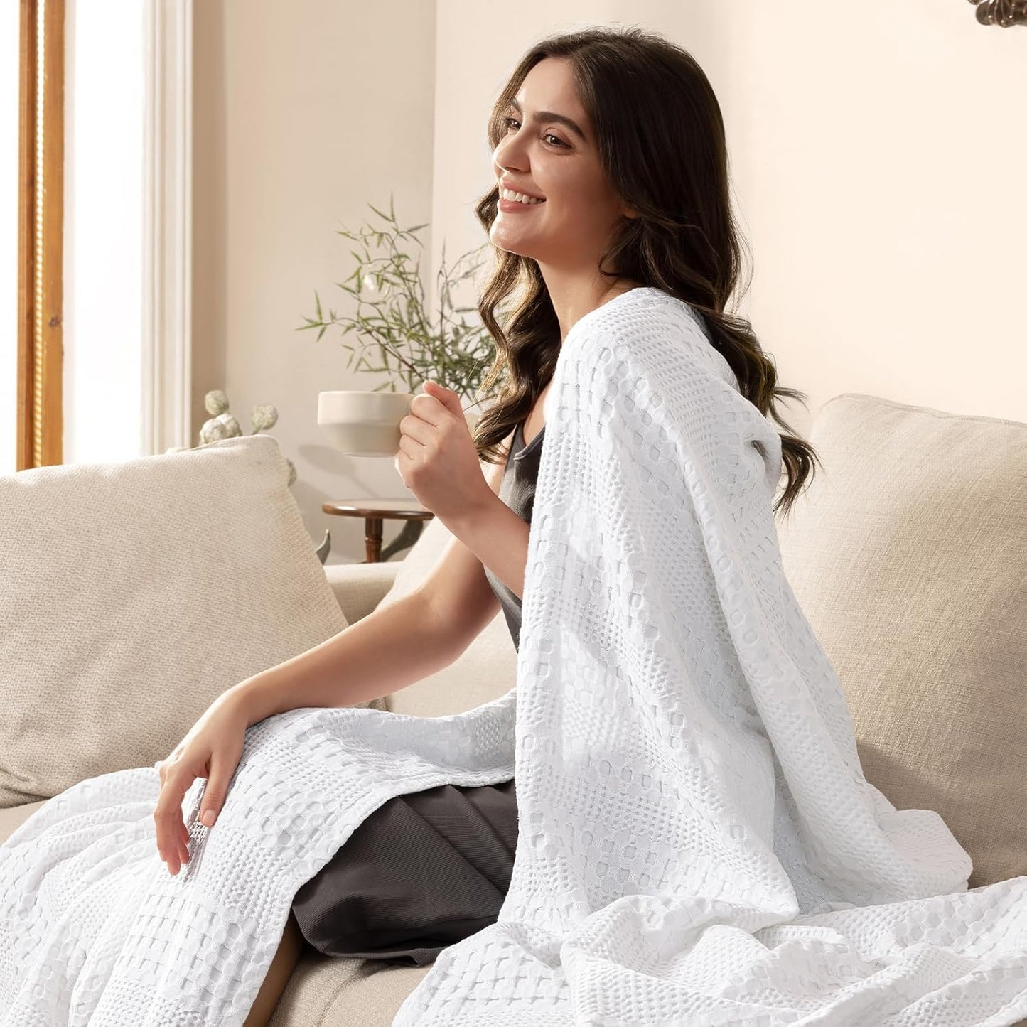 PHF Cooling Waffle Blanket King Size, Lightweight 60% Rayon Derived from Bamboo & 40& Cotton Breathable Blanket for Hot Sleepers, Soft and Luxury for Bed Couch and Sofa, 104"x90", White