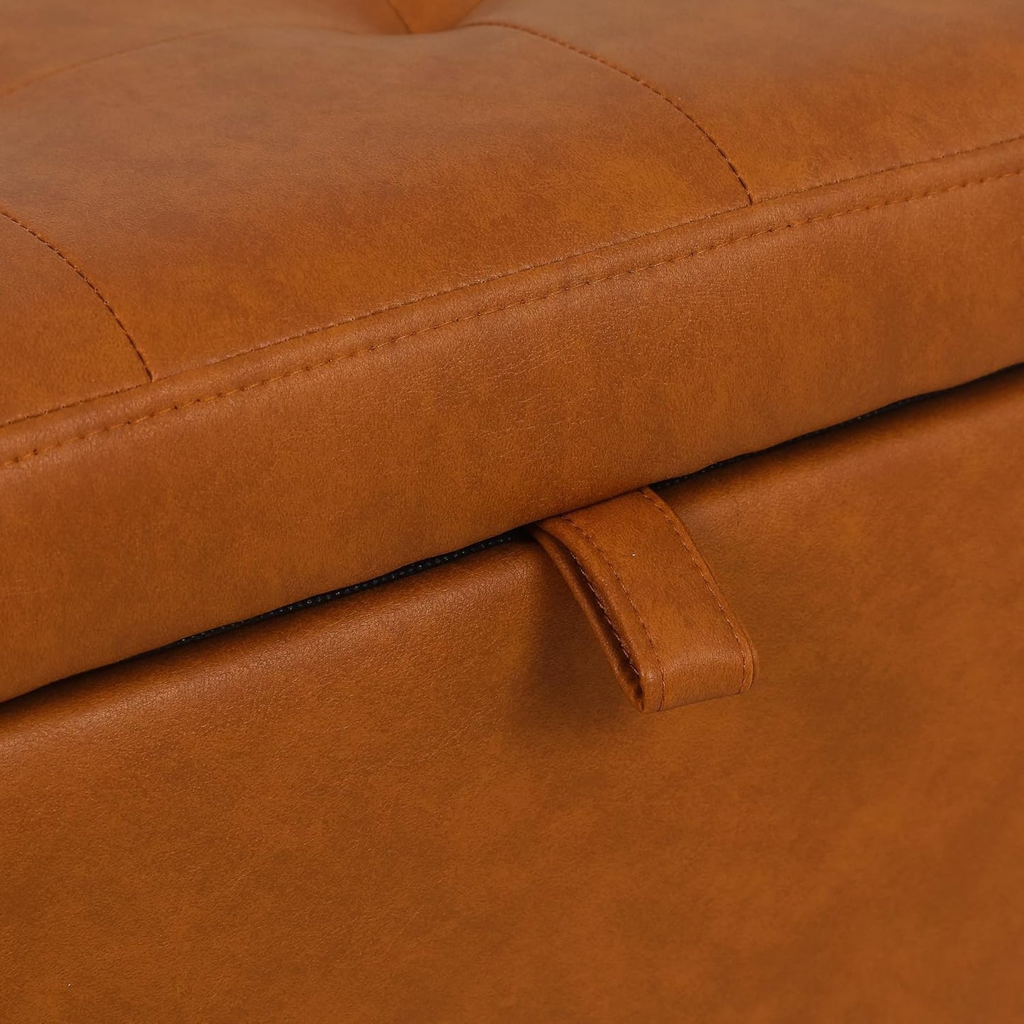 Adeco 17.5" Faux Leather Storage Ottoman with Hinged Lid, 14 Inch High Square Cube Foot Stool with Storage, Upholstered Vanity Stool with Solid Wood Legs for Living Room, Bedroom, Dorm (Warm Orange)