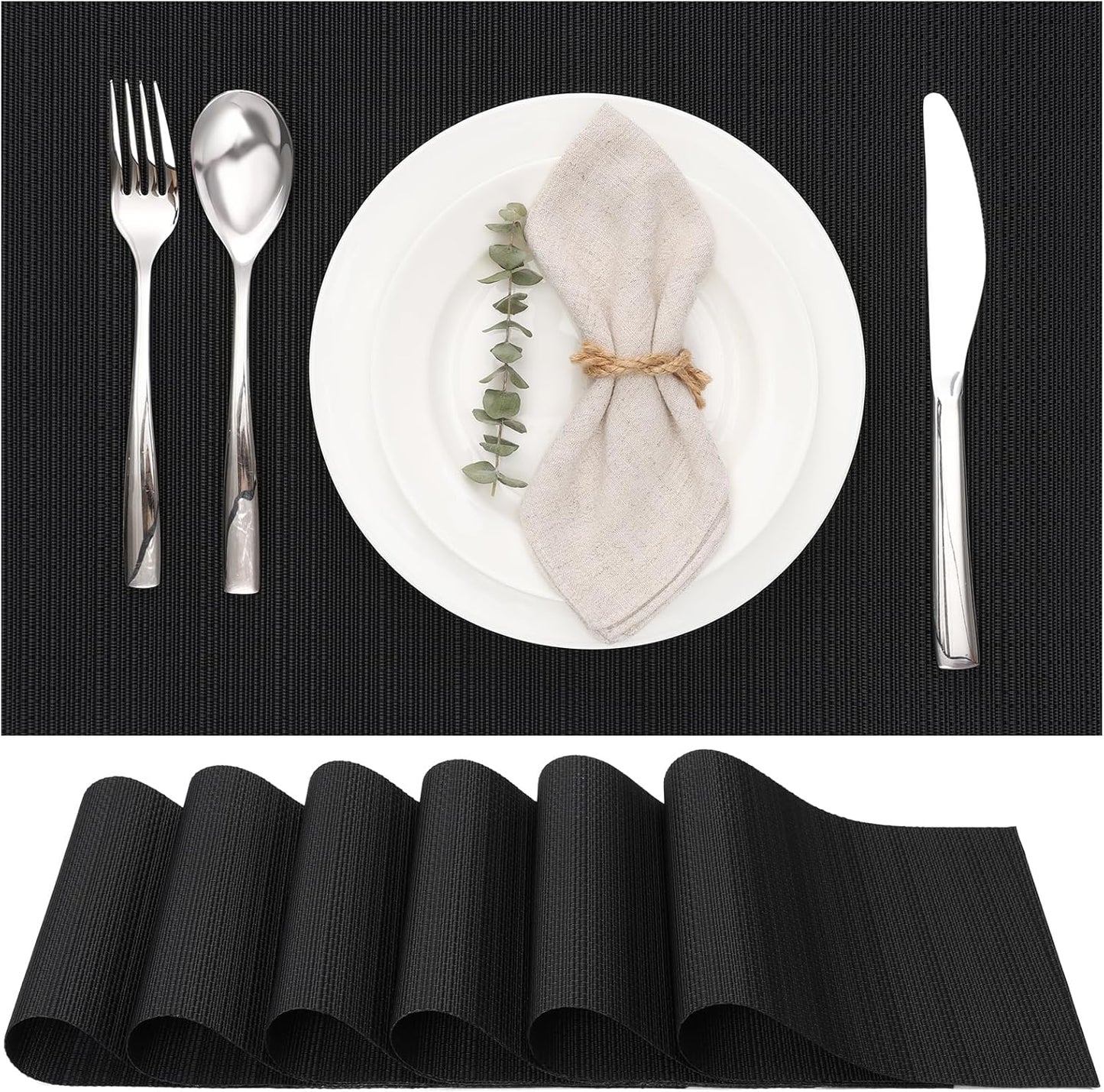 Myir JUN Placemats Set of 6, Vinyl Woven Placemats Place Mats Indoor Washable Table Mats Non-Slip Place mats for Dining Table (Black, Set of 6)
