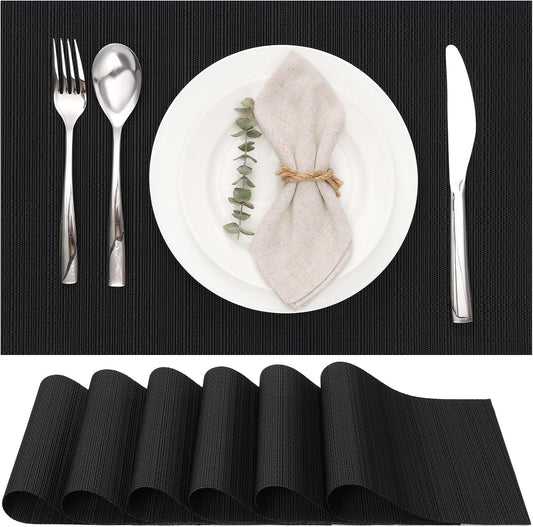 Myir JUN Placemats Set of 6, Vinyl Woven Placemats Place Mats Indoor Washable Table Mats Non-Slip Place mats for Dining Table (Black, Set of 6)