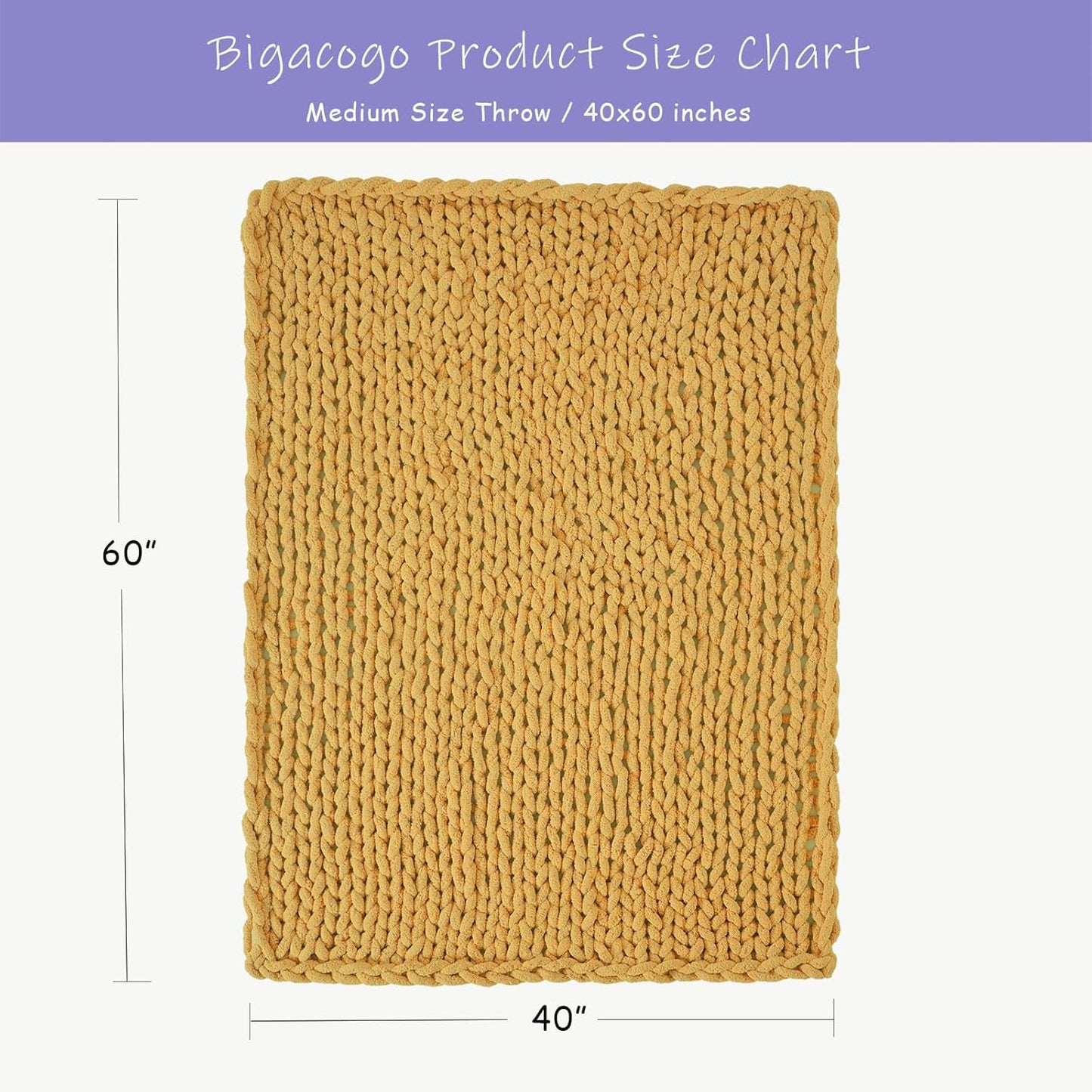 Bigacogo Chunky Knit Throw Blanket for Couch, 40x60 inches, 100% Hand Knitted with Thick Jumbo Chenille Yarn, Cozy Soft Large Rope Knot Cable Crochet Blankets for Sofa Bed Living Room, Mustard Yellow