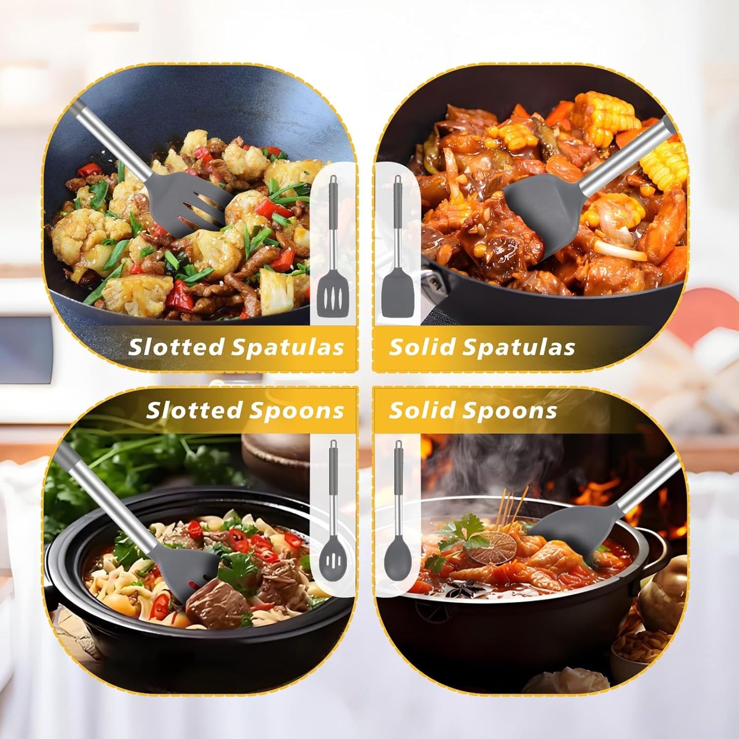 5-Piece Silicone Kitchen Tool Set, BPA-Free, Heat-Resistant, Non-Stick & Dishwasher-Safe, with Slotted/Solid Spoons & Spatulas for Frying, Mixing, Draining – Includes Multi-Purpose Serving Hook(Gray)