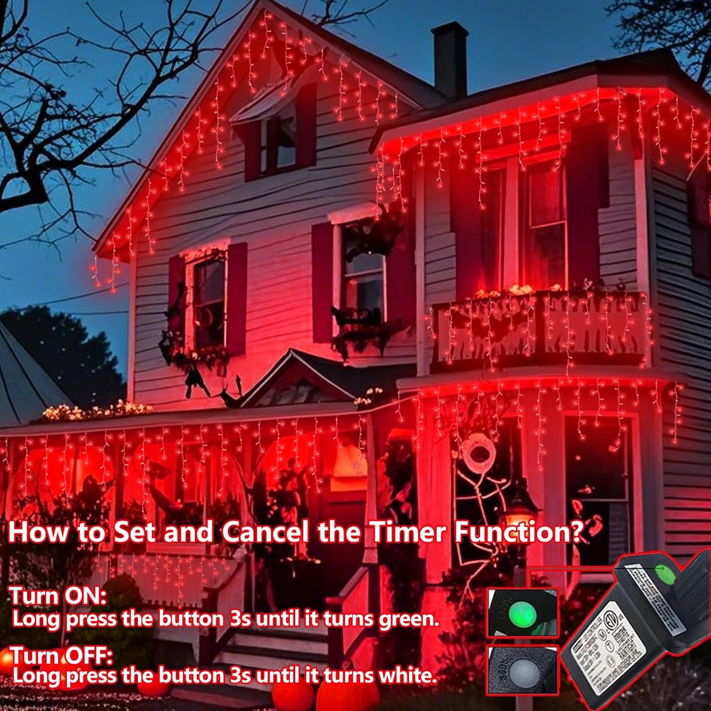 QITONG Red Halloween Lights for Outside, 66ft 800 LED Icicle Light with 8 Modes, 160 Drops Clear Wire Connectable Christmas Lights Indoor Plug in