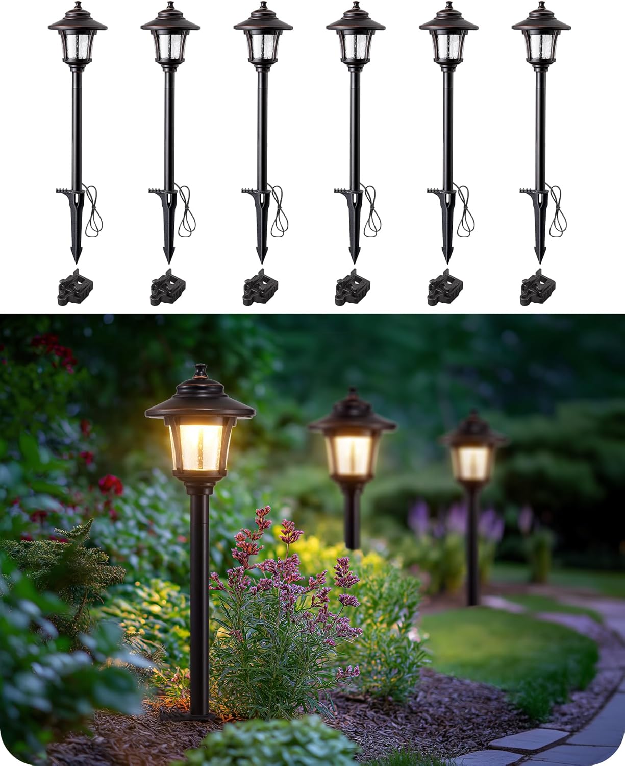 EDISHINE Low Voltage Landscape Lighting, 12V 3W 120LM 3000K Seed Glass Outdoor Landscape Path Lights with Connectors, ORB Waterproof Electric LED Pathway Light Wired for Walkway Garden Yard, 6 Pack
