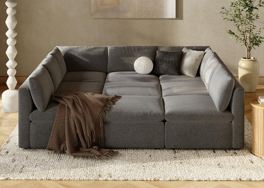 mopio Oversized Modular Sectional Sofa with Fully Removable Covers and Storage, Convertible U, L-Shaped and Sleeper Sectional, Modern Couches with Ottoman Chaise (Stone Gray Fabric, 9 Seats, Sleeper)
