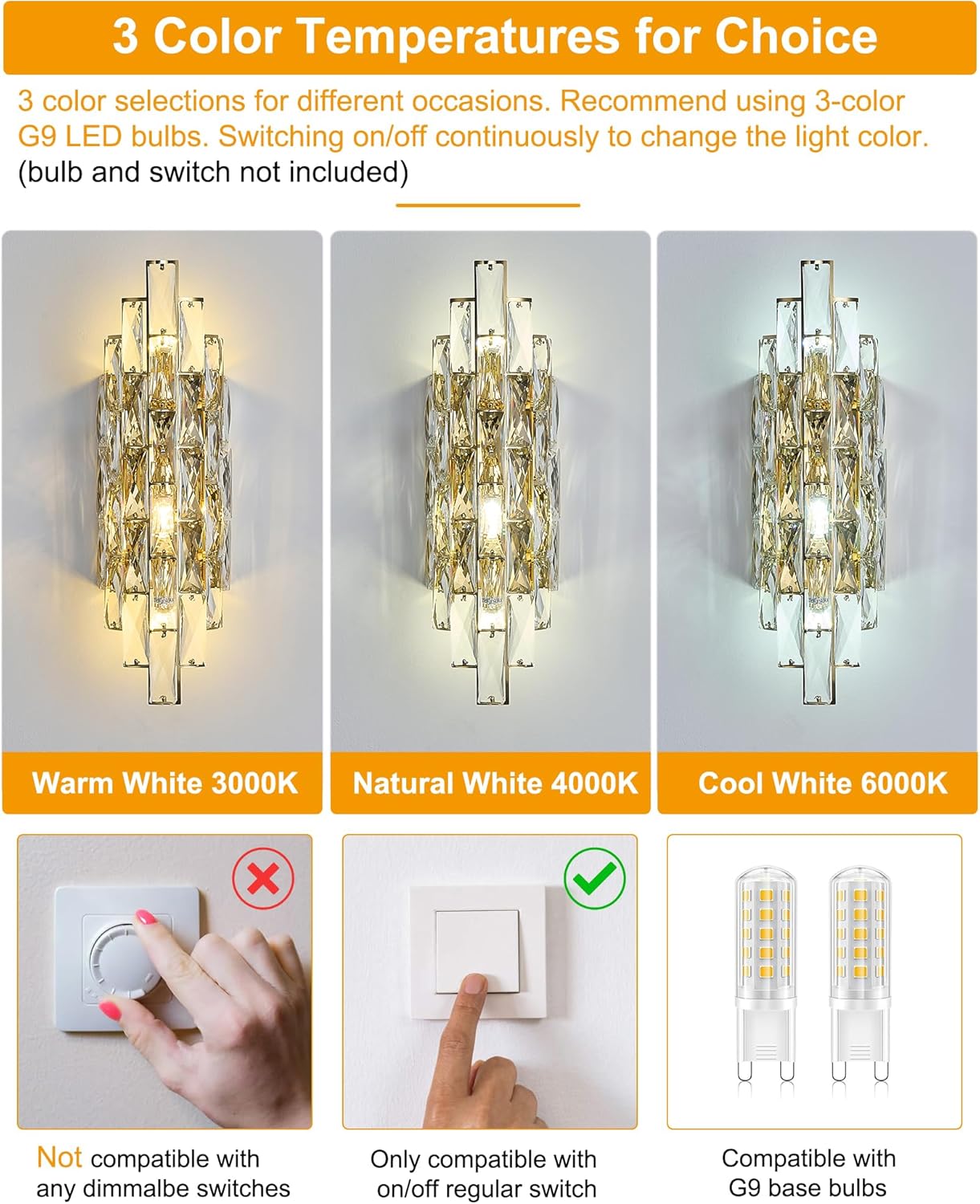 Modern Gold Crystal Wall Sconce Light Fixtures, Wall Mount Lamps for Bedroom Living Room Bathroom Vanity Mirror