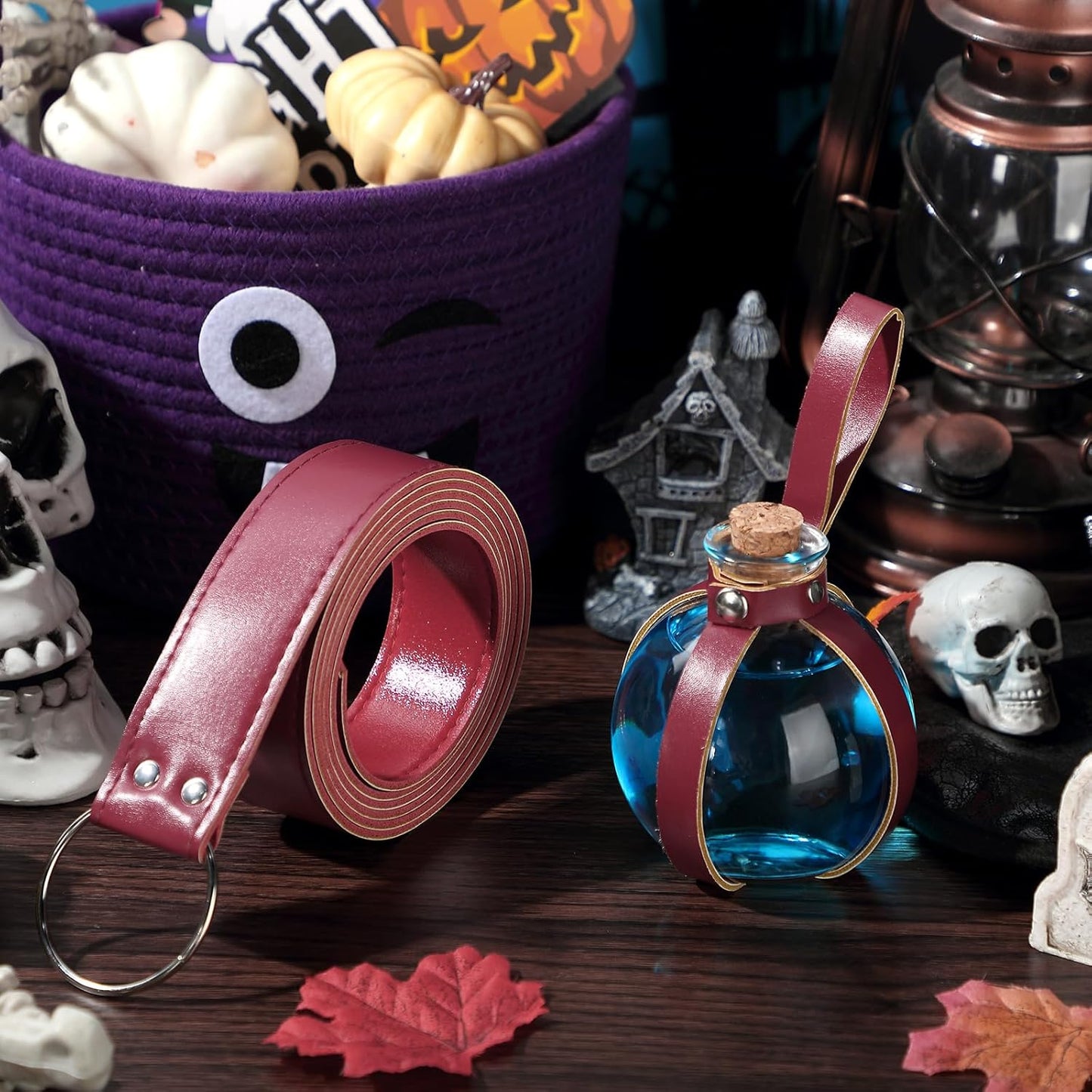 Boao Potion Bottles with Cork Set Dark Magic Cork Round Potion Bottle with Leather Belt Clear Glass Large for Halloween Costume Props DIY Crafts Decorative, 200 ml(Claret)