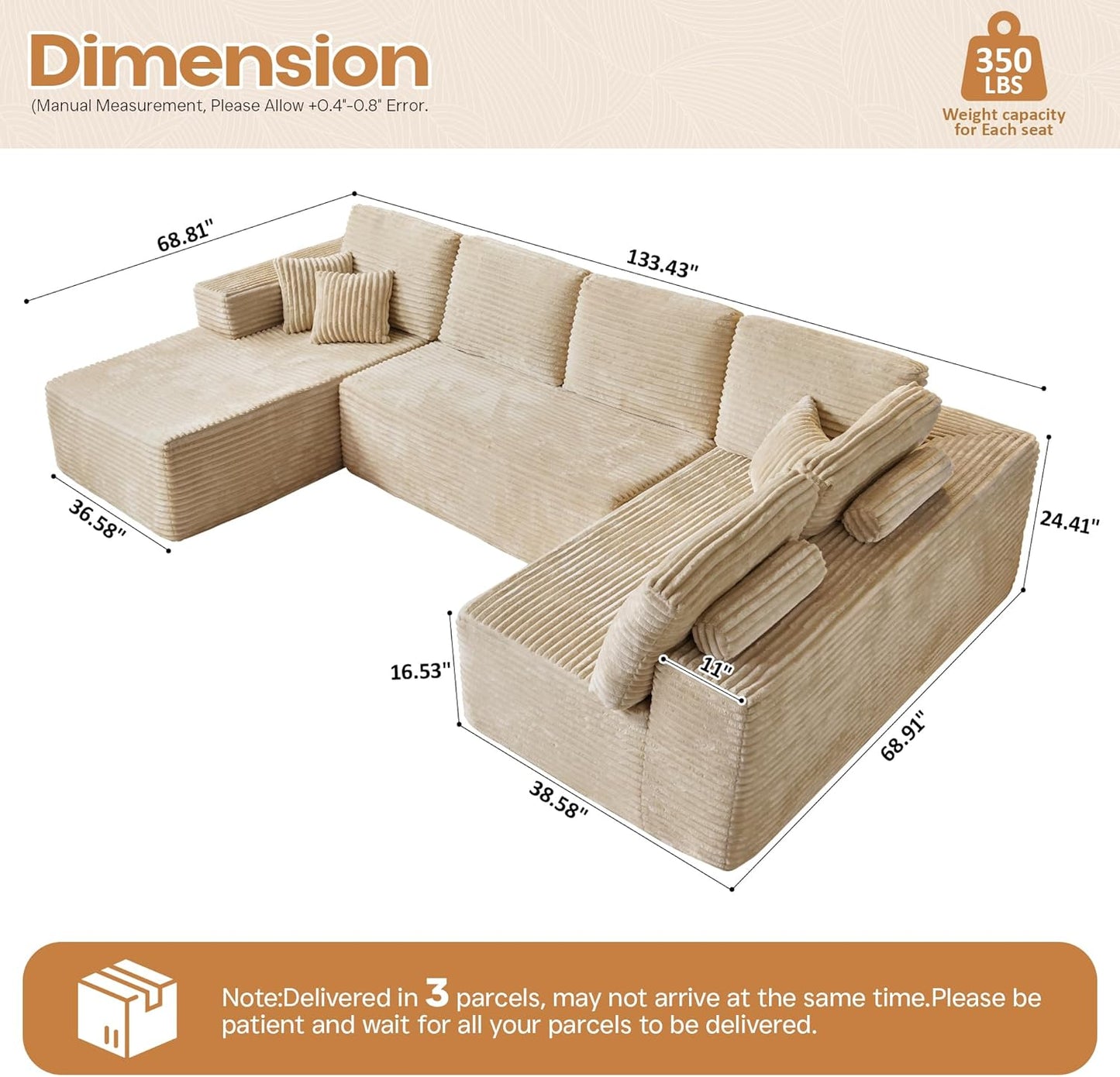 Cloud Sectional Couches for Living Room,U Shaped Modular Sofas No Assembly,133x68 Inches Plush Corduroy Oversized Floor Couch Set with Deep Seat Chaise,Beige