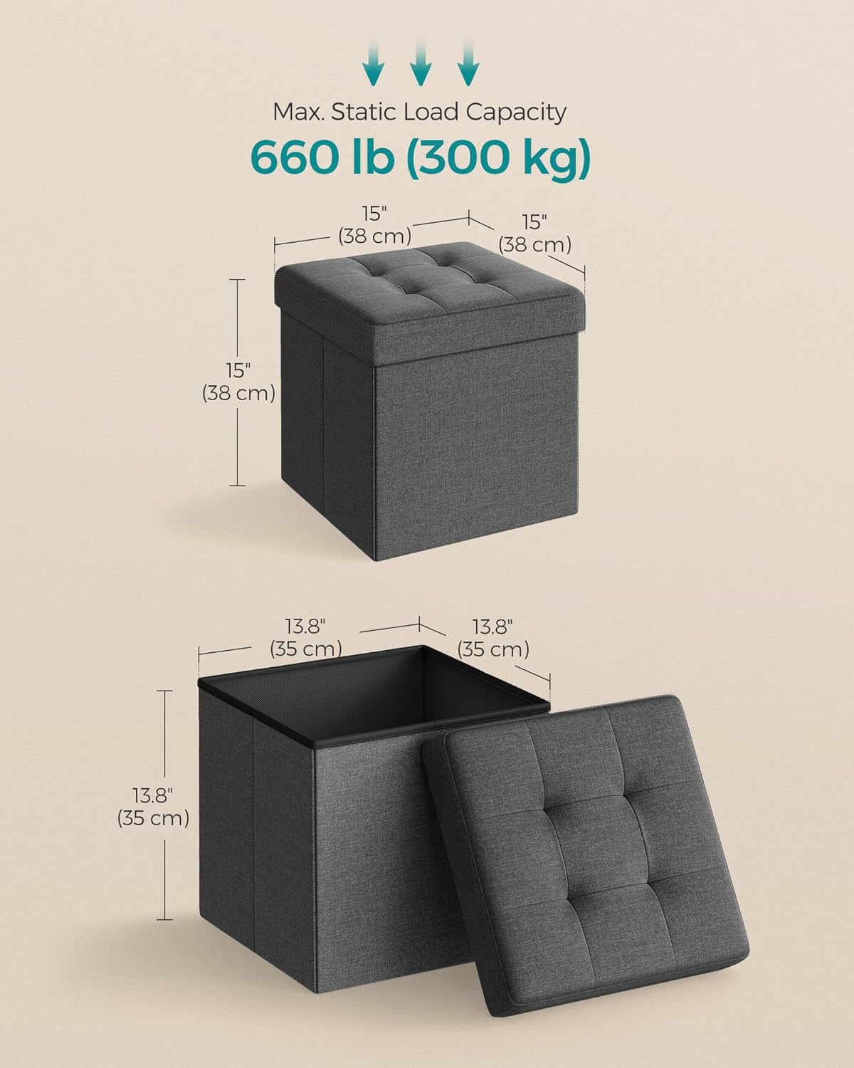 SONGMICS Folding Storage Ottoman Bench，38 x 38 x 38 cm， Ottoman Foot Rest, End of Bed Bench, Storage Chest, Load 300 kg, for Living Room, Bedroom, Entryway, Dorm, Dark Gray ULSF27Z