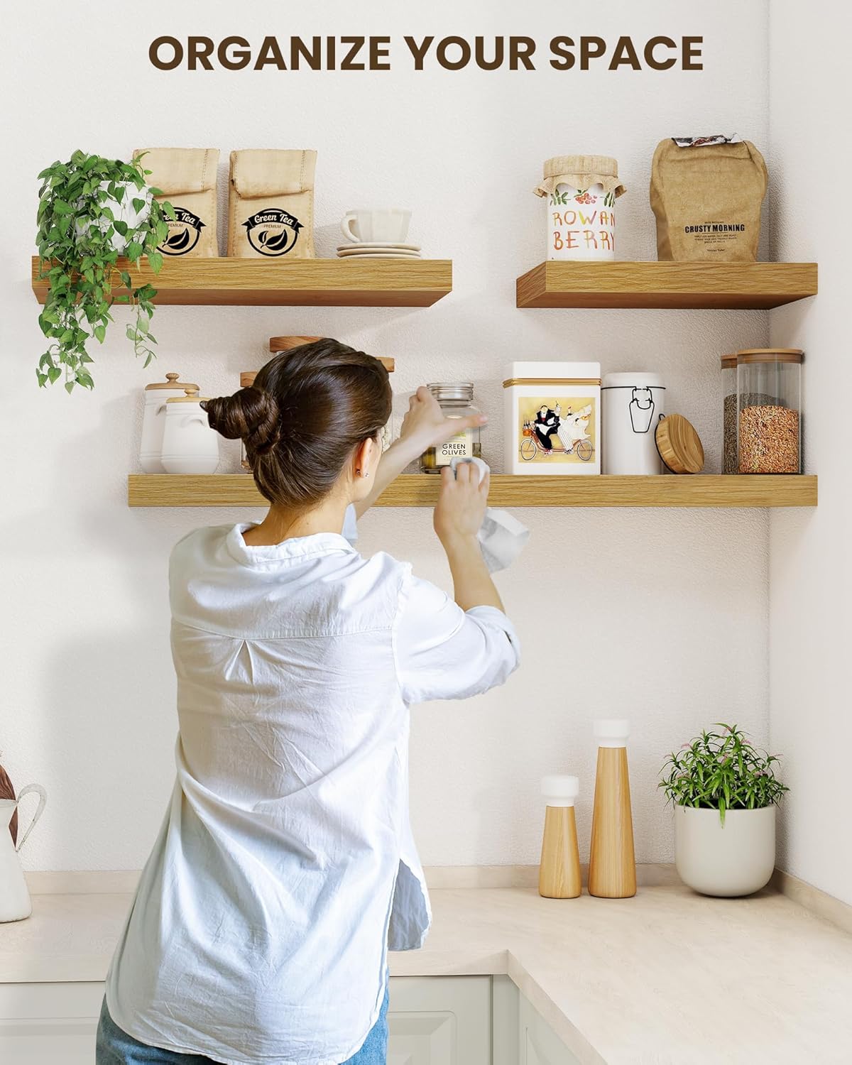 Marsmiles 6.7" Floating Shelves for Wall, Wooden Shelves with Invisible Brackets Set of 2, Rustic Farmhouse Wall Mounted Shelf for Kitchen Bathroom Living Room Study, Natural Oak