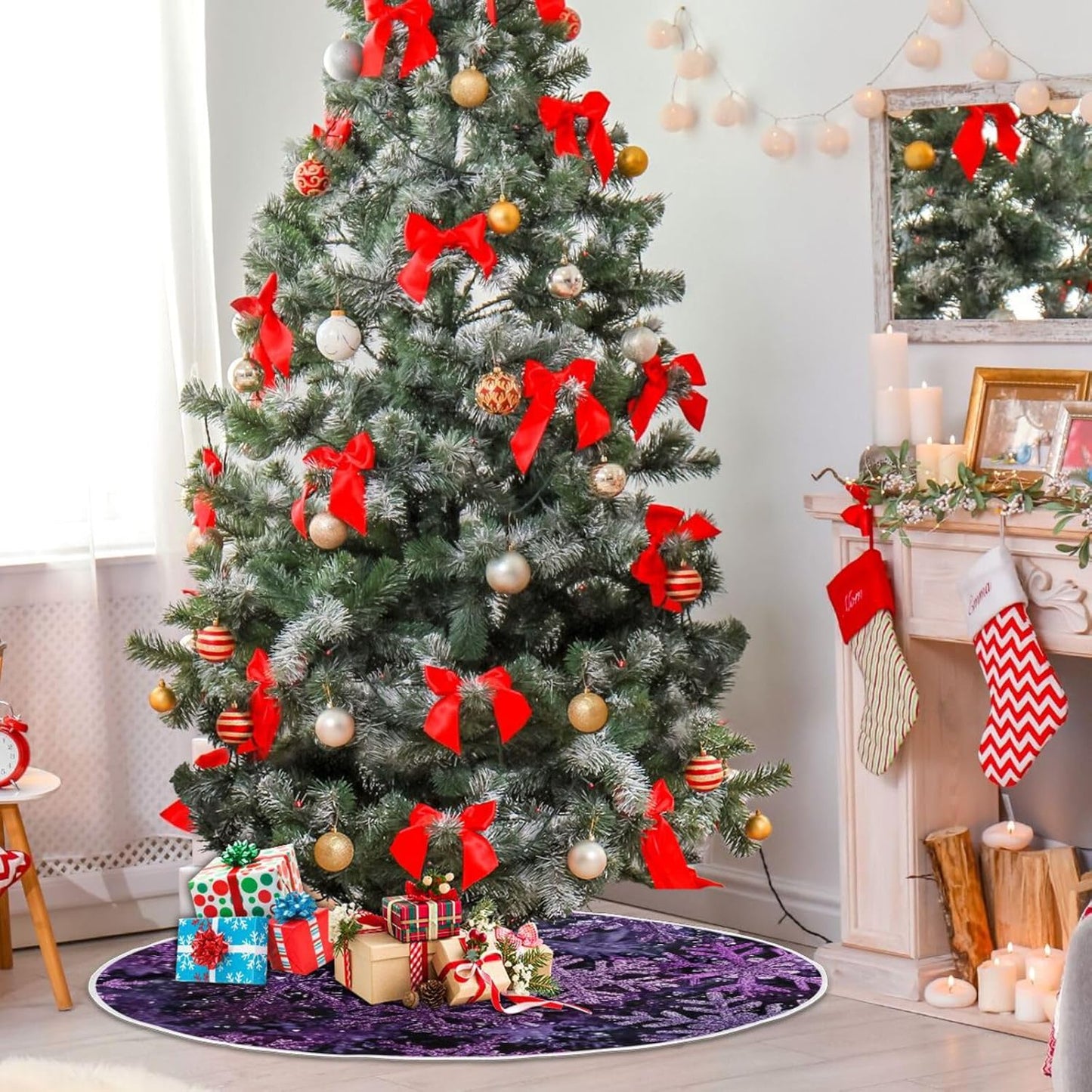 Christmas Purple Snowflake Party Tree Skirt, Seasonal Tree Mat Holiday Party Supplies Ornaments Indoor Outdoor Decorations for Tabletop Trees 35.4 Inches