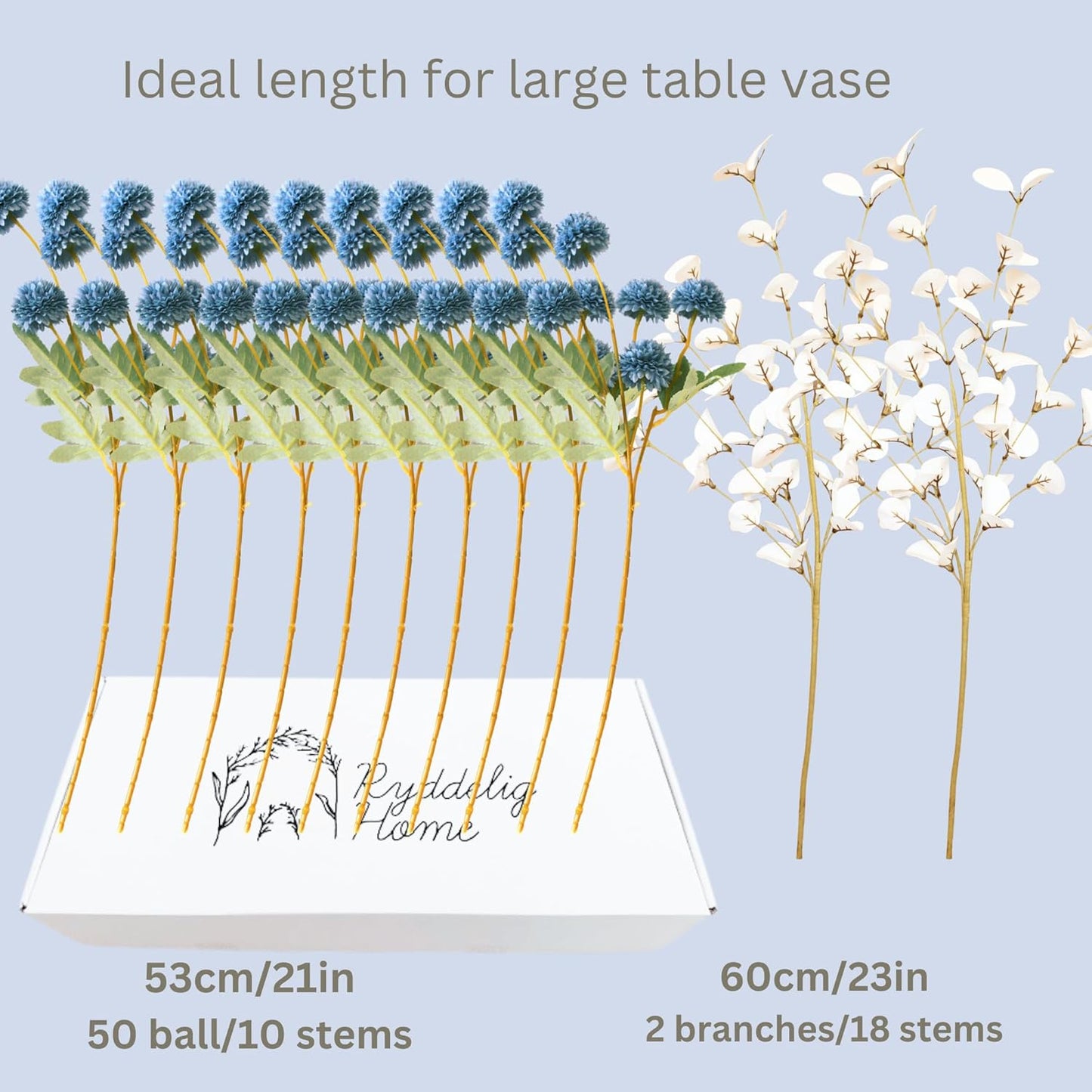 Faux Dusty Blue Flowers, Blue and White Floral Stems for Centerpieces, Fake Mums Artificial Flowers, Flores Azules Artificiales para Decoracion, Long Stems for Vases, DIY Silk Floral Arrangements